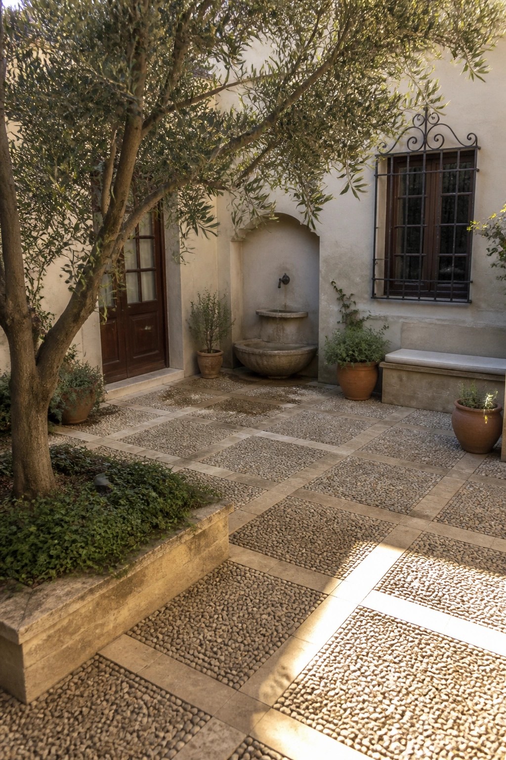A courtyard with square stone pavers set in a grid and filled with small gravel stones, bordered by potted plants, a tree, a stone fountain, and a bench.