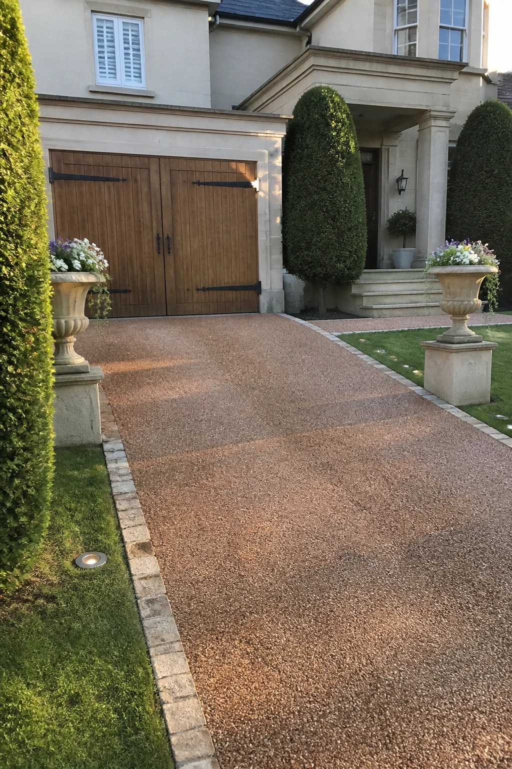 A gravel driveway with brick edging leads to a wooden double garage door on a stone house, flanked by two large stone urns.