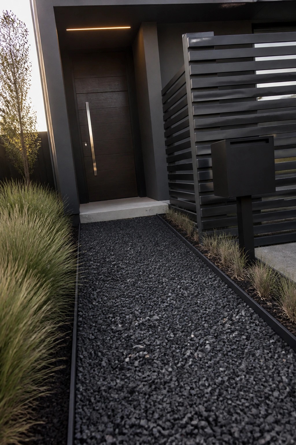 A modern home entrance with a dark gravel path leading to a horizontal wood door, bordered by black metal edging and tall grasses, next to a slatted screen and black mailbox.