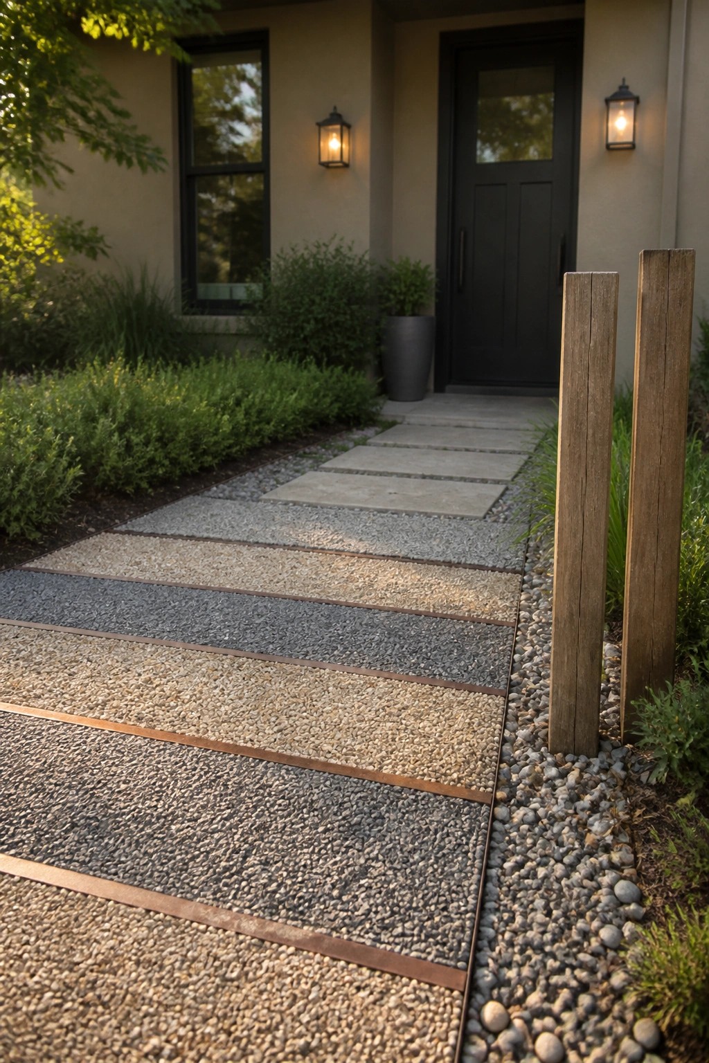 A gravel pathway with alternating bands of light and dark gravel separated by metal strips leads to a house entrance with concrete pavers and wooden posts.