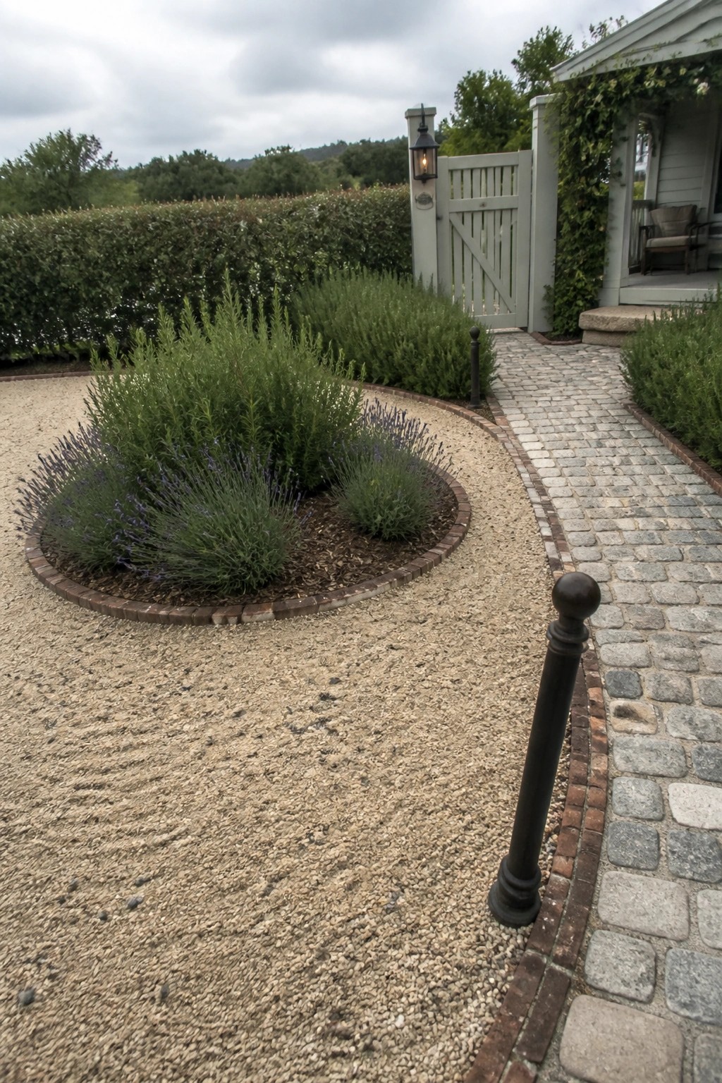 Gravel path curves around brick-bordered lavender bed toward cobblestone walkway and white gate
