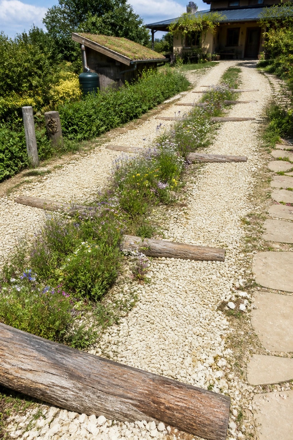 Gravel path with wooden logs, wildflowers, and stone pavers to a house