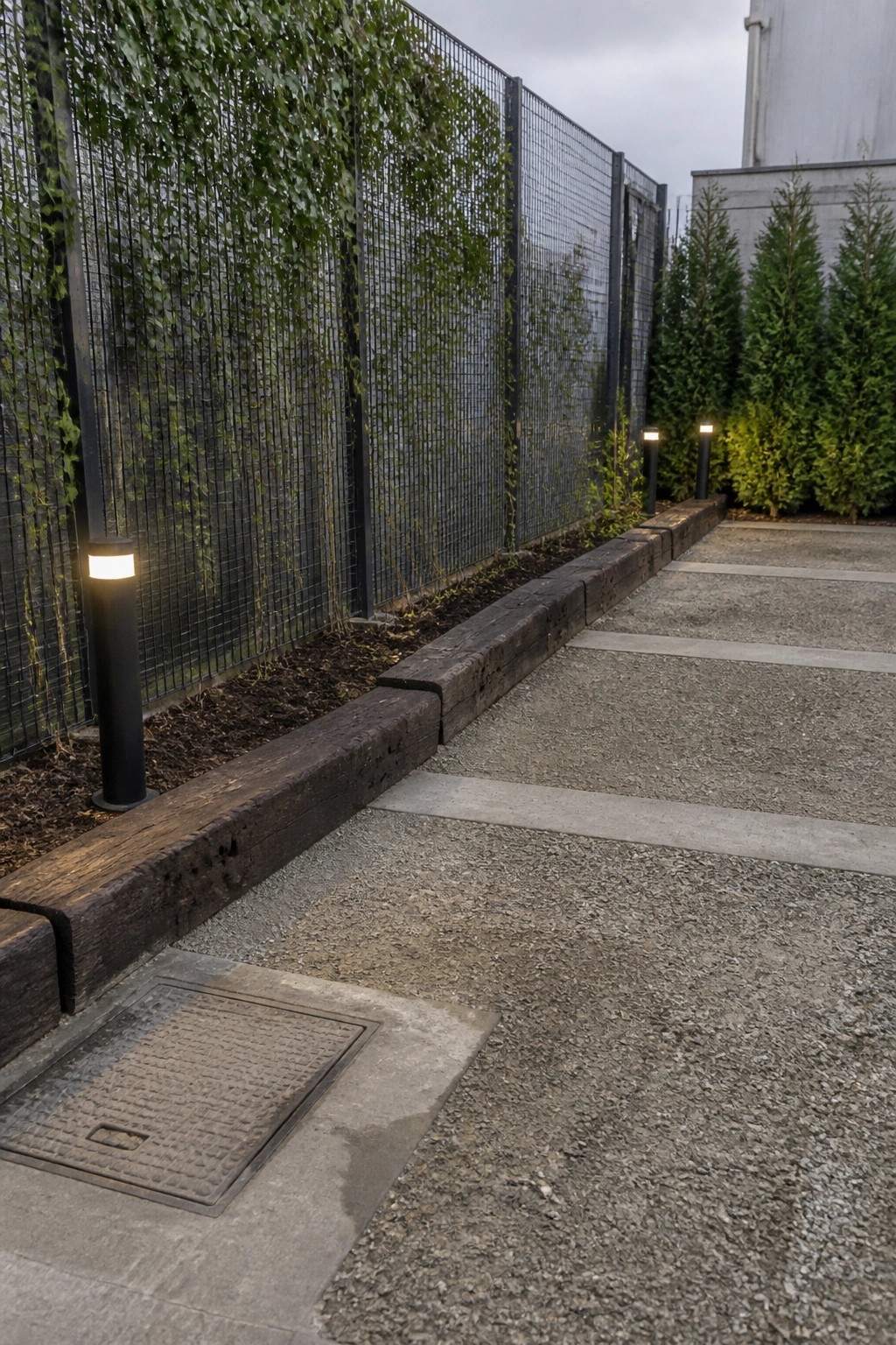Lit bollards line gravel path beside wooden border and vine-covered fence