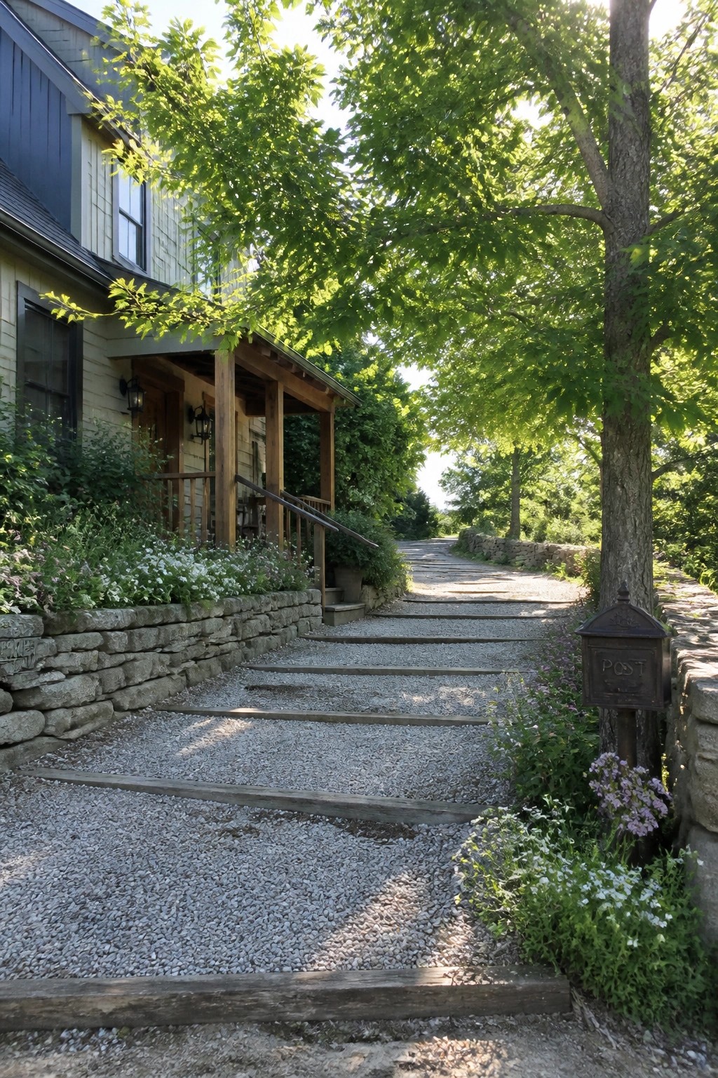 Gravel path with wooden steps leads to house porch amid trees and flowers.