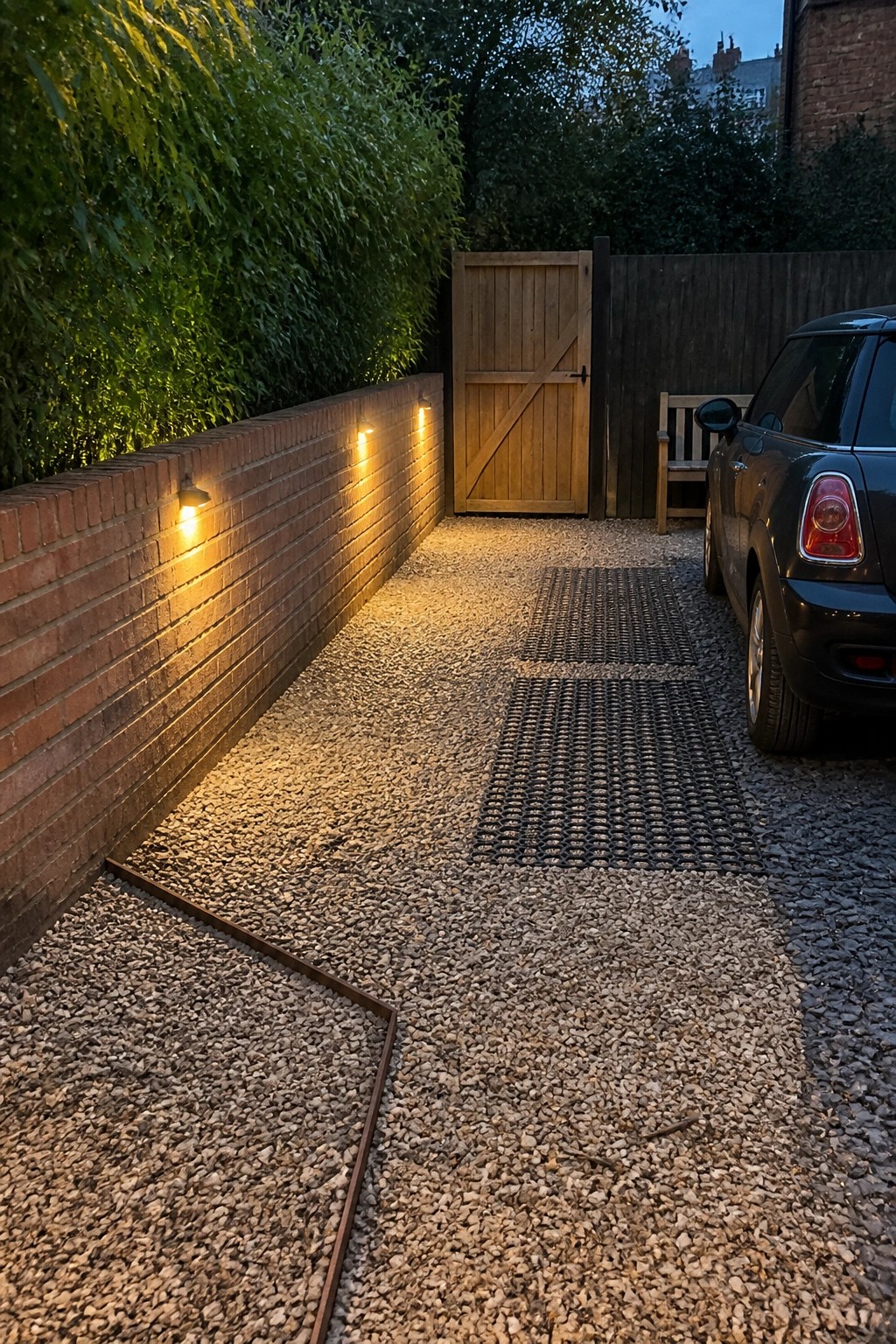 Gravel path lit by wall lights beside brick wall leading to wooden gate at dusk