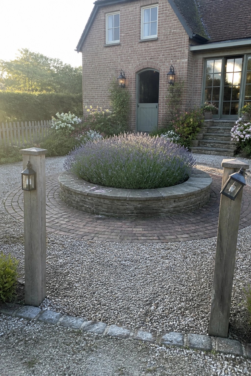 A brick house viewed from a gravel forecourt with a circular brick driveway centered on a low stone planter filled with lavender, flanked by two wooden posts with lanterns.