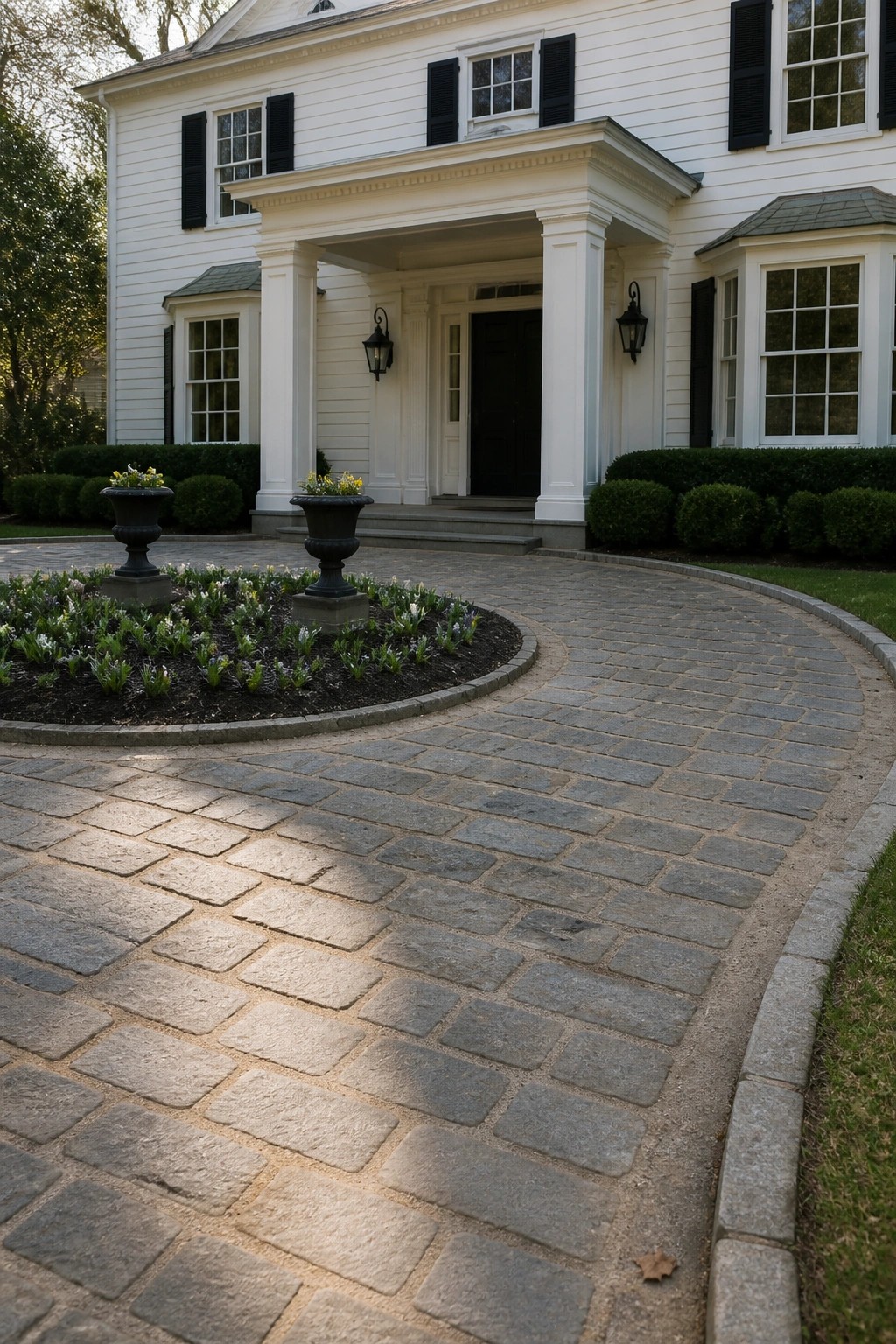 A white house with a curved gray cobblestone driveway and a round central flower bed holding two large urns.