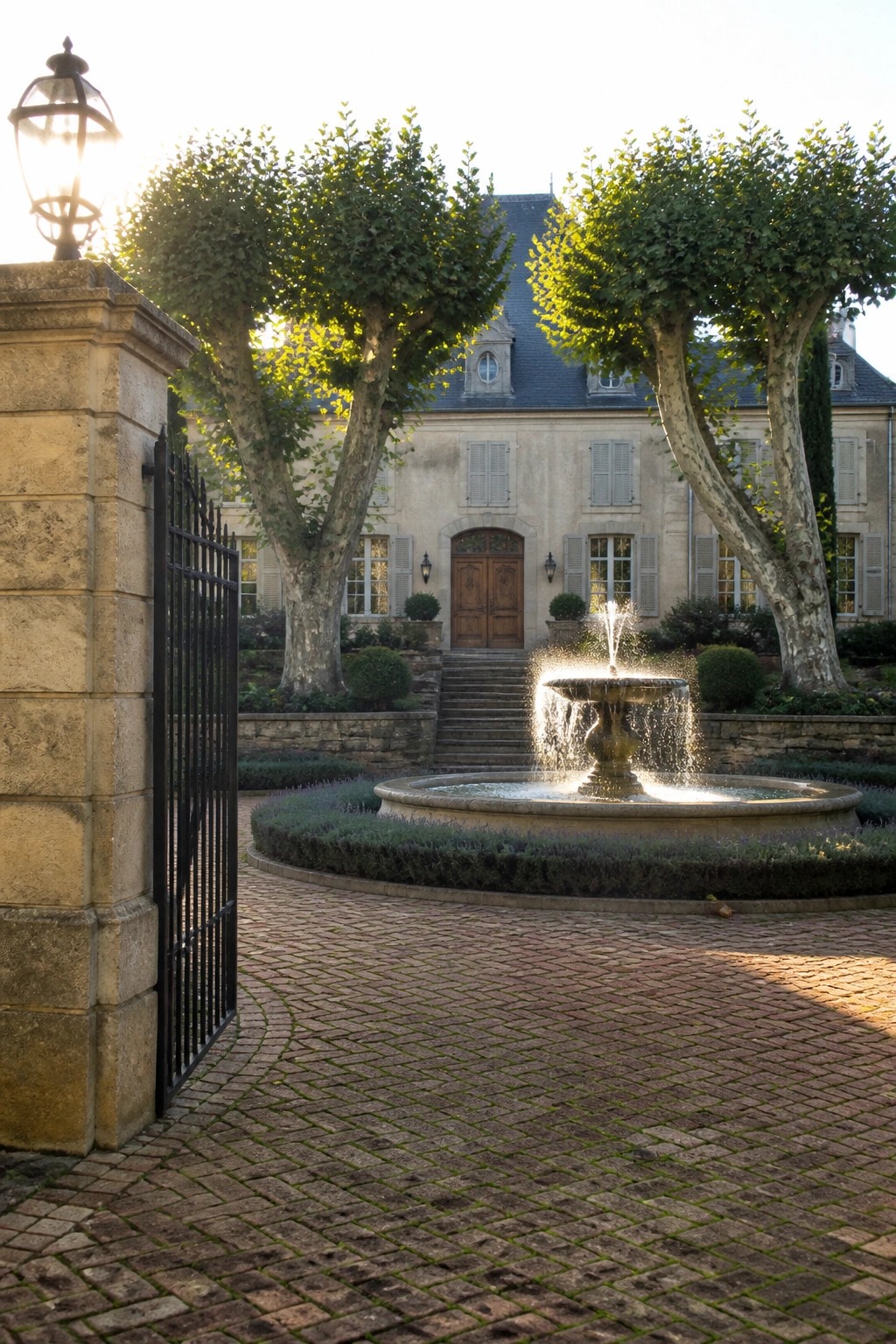 A large stone house viewed from a circular brick driveway with a central stone fountain, trees on either side, and a black metal gate in the foreground.