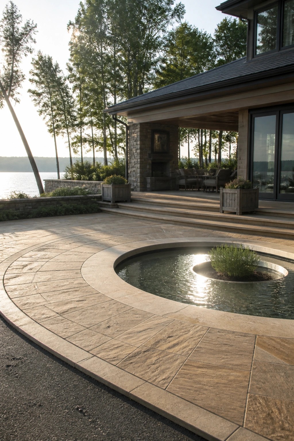 A wide circular stone driveway surrounds a round water feature with a small planted island, leading up to a house porch with outdoor seating and a lake in the background.