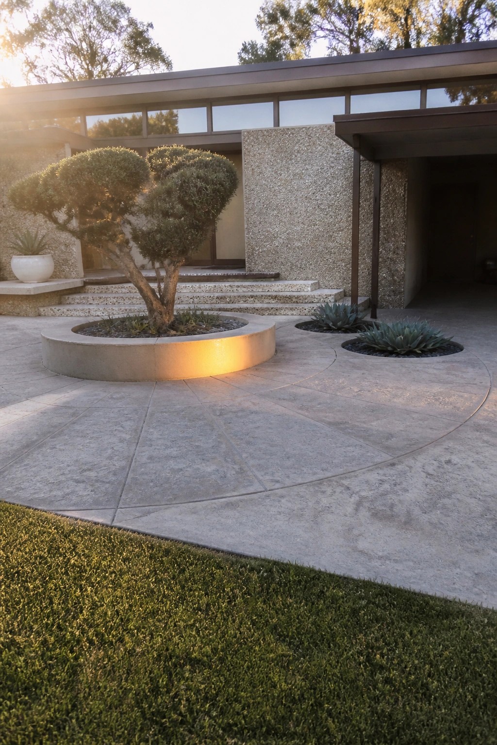 A modern home exterior with a large circular concrete driveway that includes a raised circular planter holding a tree and two smaller circular cutouts planted with agaves.