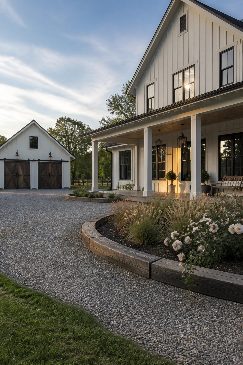White farmhouse with porch beside gravel driveway, barn, and blooming garden.