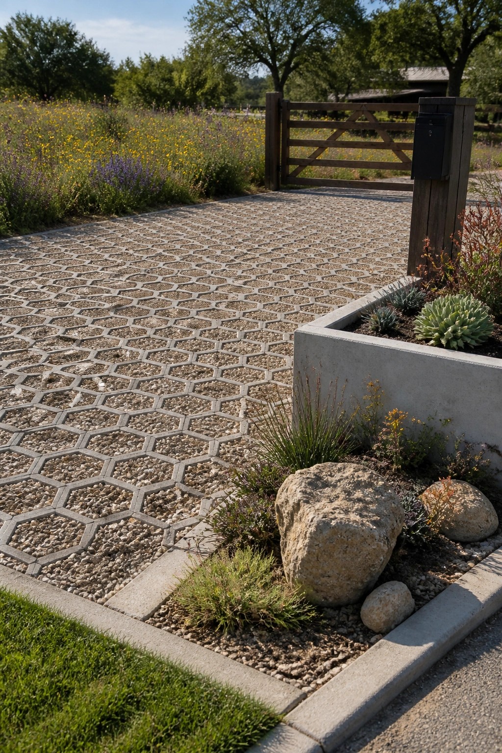 Hexagonal concrete pavers filled with gravel form a driveway leading to a wooden gate, with a concrete planter holding succulents and rocks along one edge.