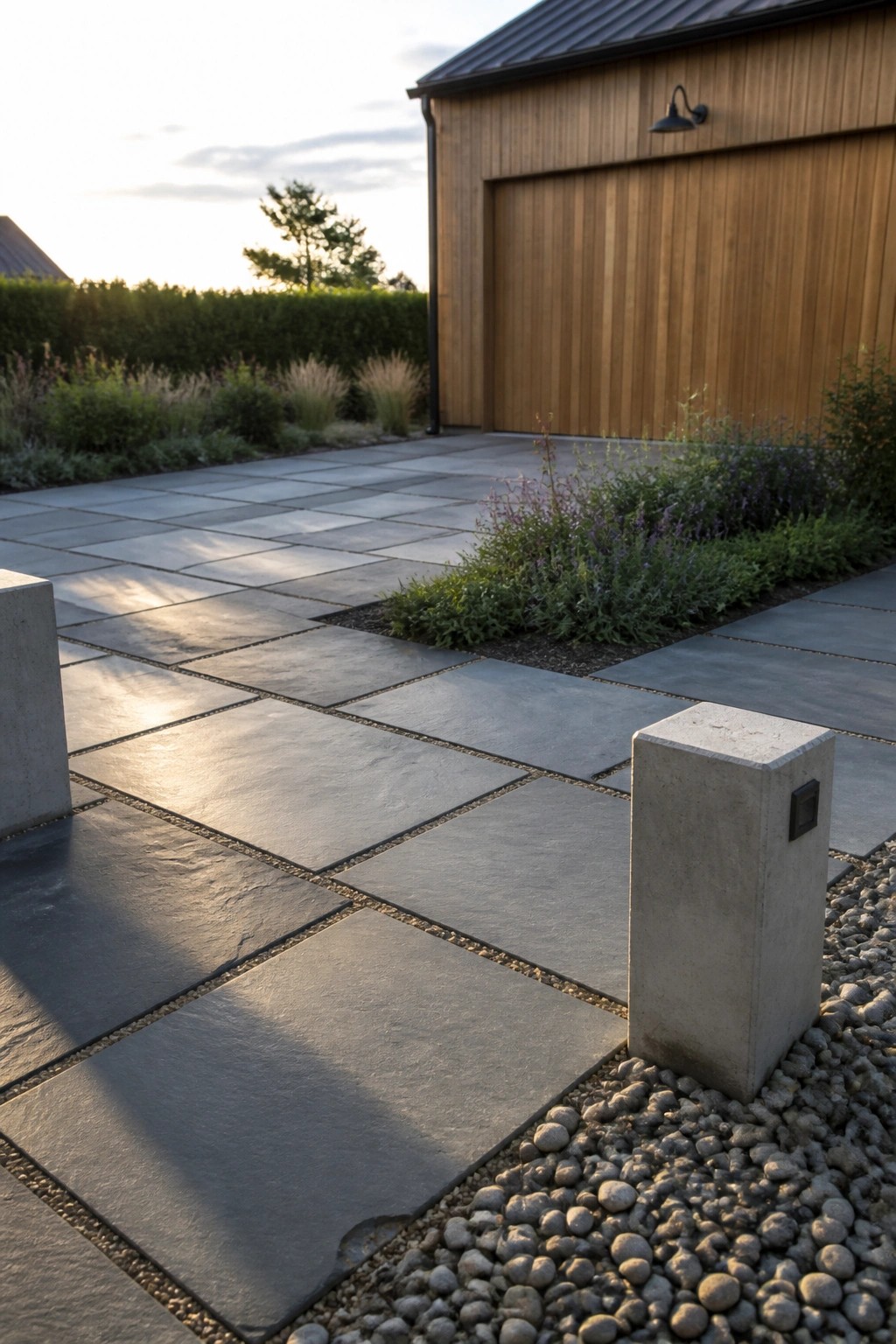 Modern stone pavers lead to wooden garage with concrete bollards, gravel, and garden plants.