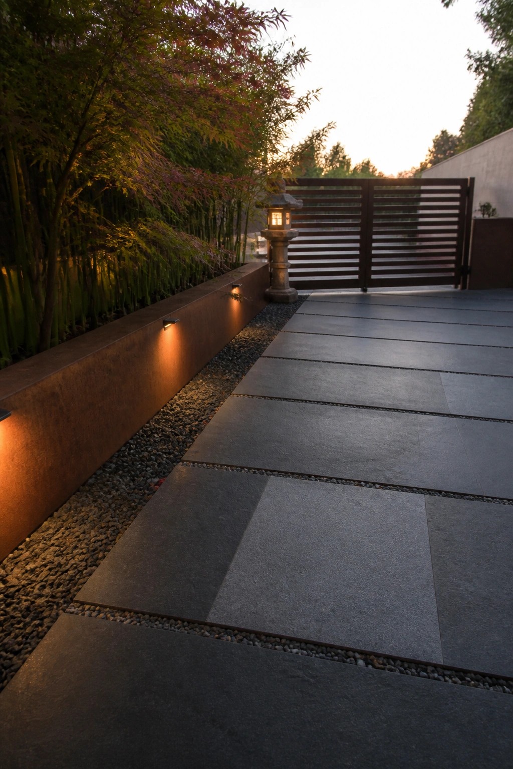A straight pathway of large dark gray stone tiles with narrow gravel lines runs toward a wooden slatted gate, bordered on the left by a low rusted metal wall with integrated lights and trees.