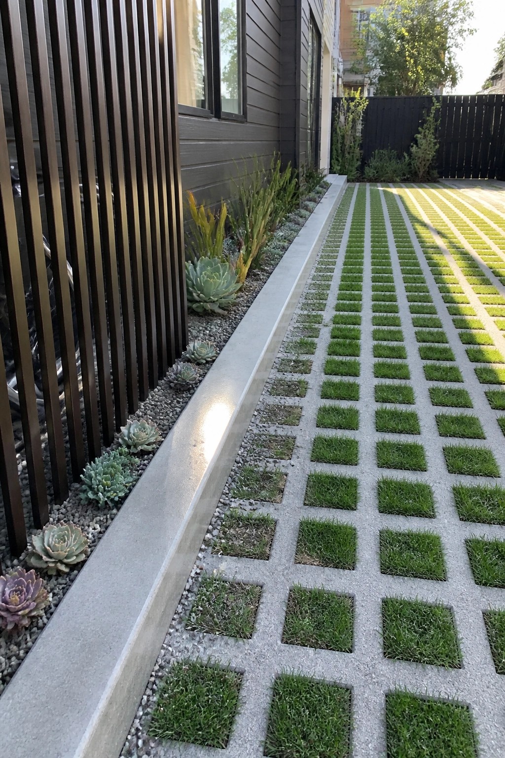 A long strip of square grass pavers bordered by concrete runs beside a modern house with a gravel bed of succulents and vertical wood slats on the left.