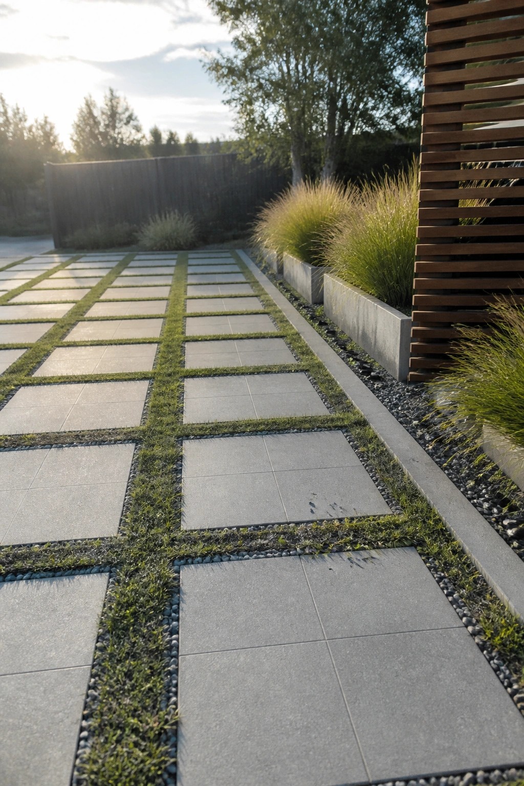 A straight pathway of large gray concrete tiles in a grid pattern with grass and gravel joints, flanked by concrete planters holding tall ornamental grasses and a wooden slat screen on one side.