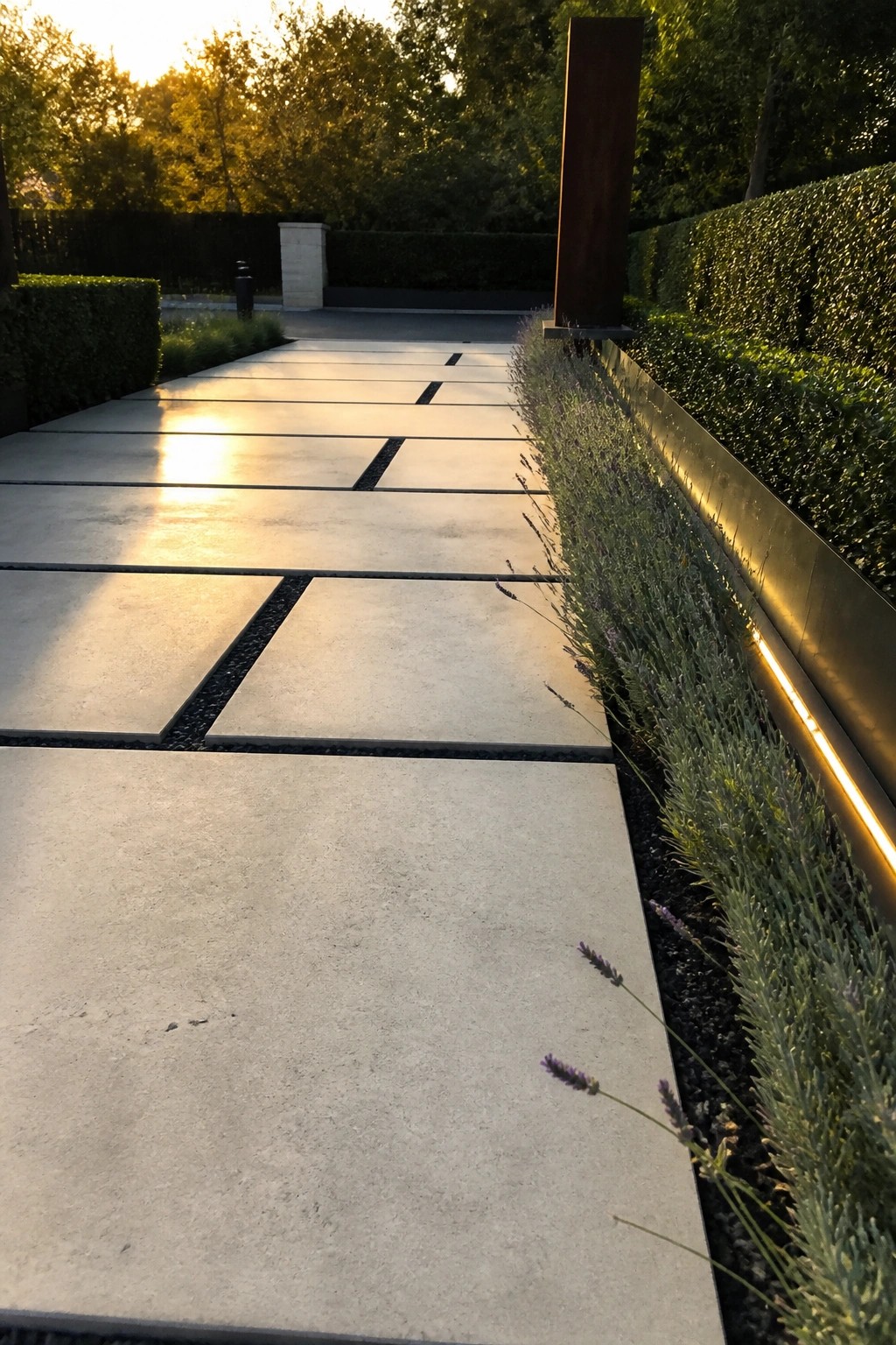 A straight pathway of large light gray concrete tiles separated by dark gravel, bordered on the right by lavender plants and a narrow illuminated metal edge.