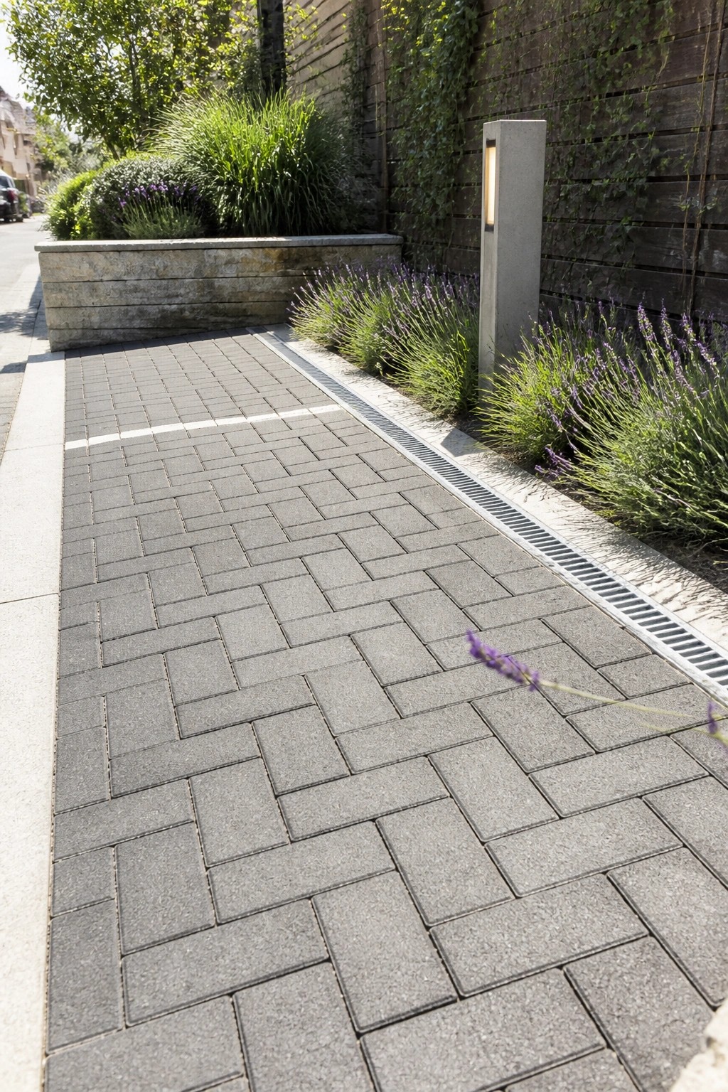 Gray brick herringbone pathway with linear drain, concrete light, and lavender plants