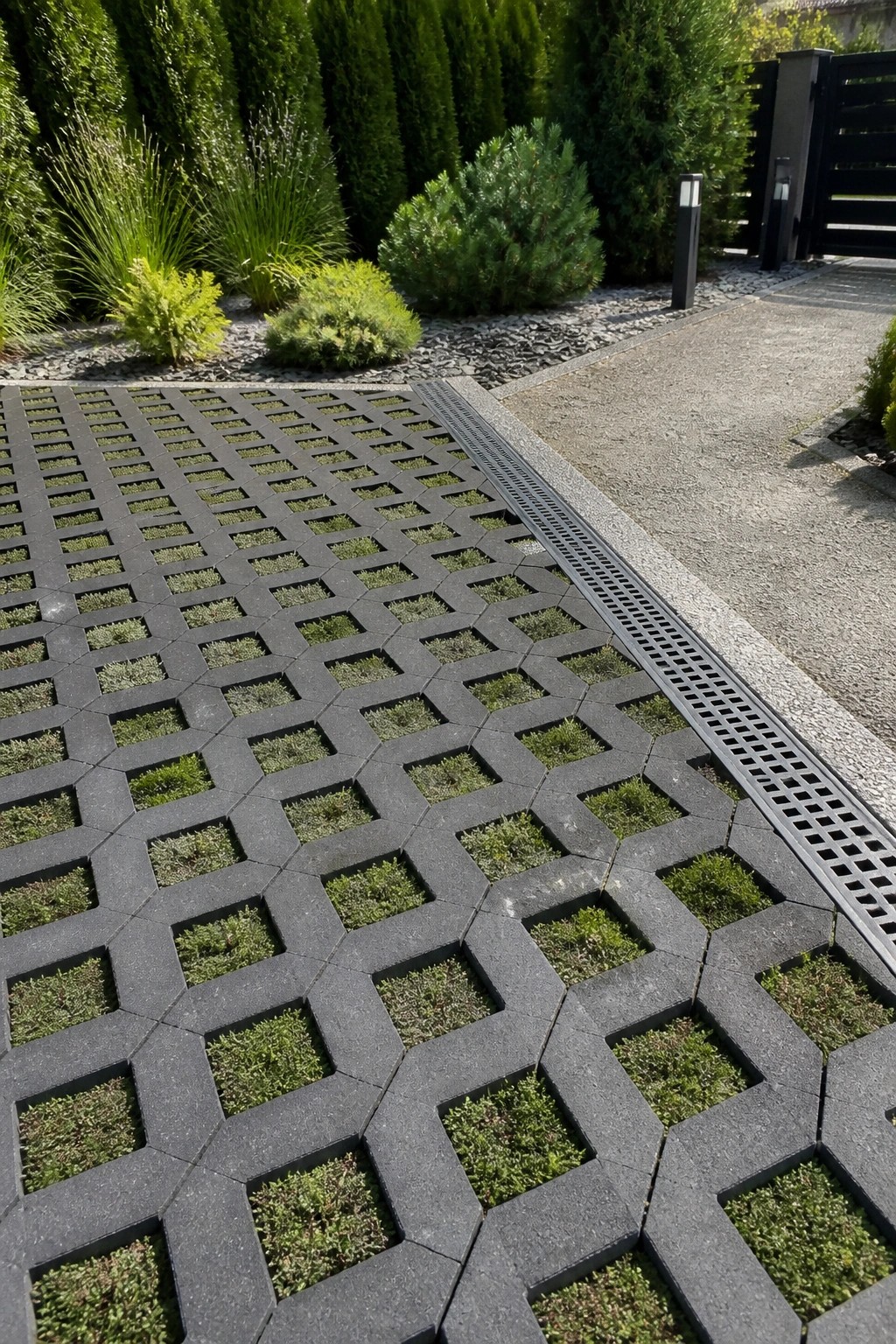 Hexagonal gray pavers with grass centers beside metal drainage grate and gravel path