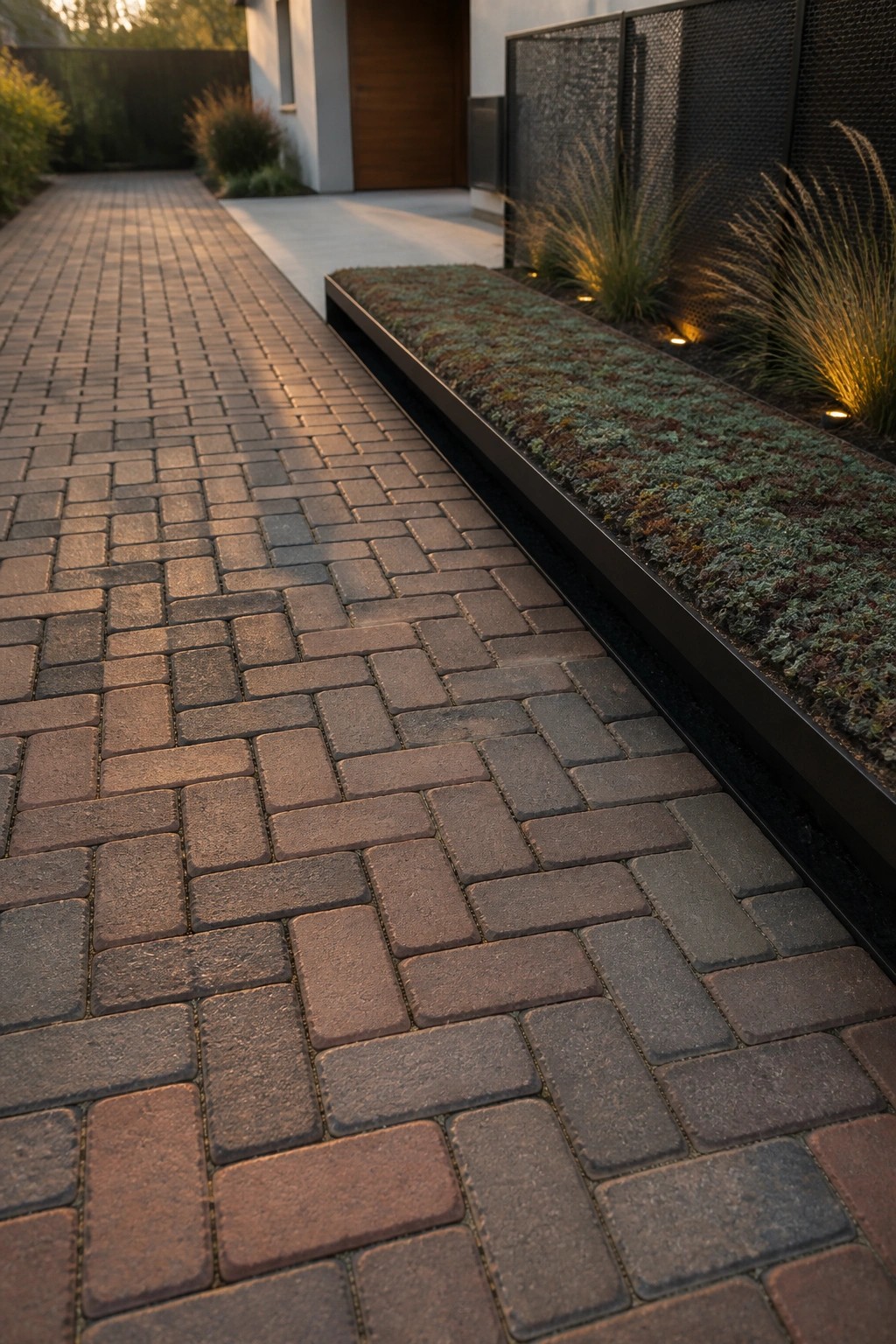 A long driveway of brown and gray brick pavers runs beside a narrow raised black metal planter filled with low ground cover plants and tall grasses.