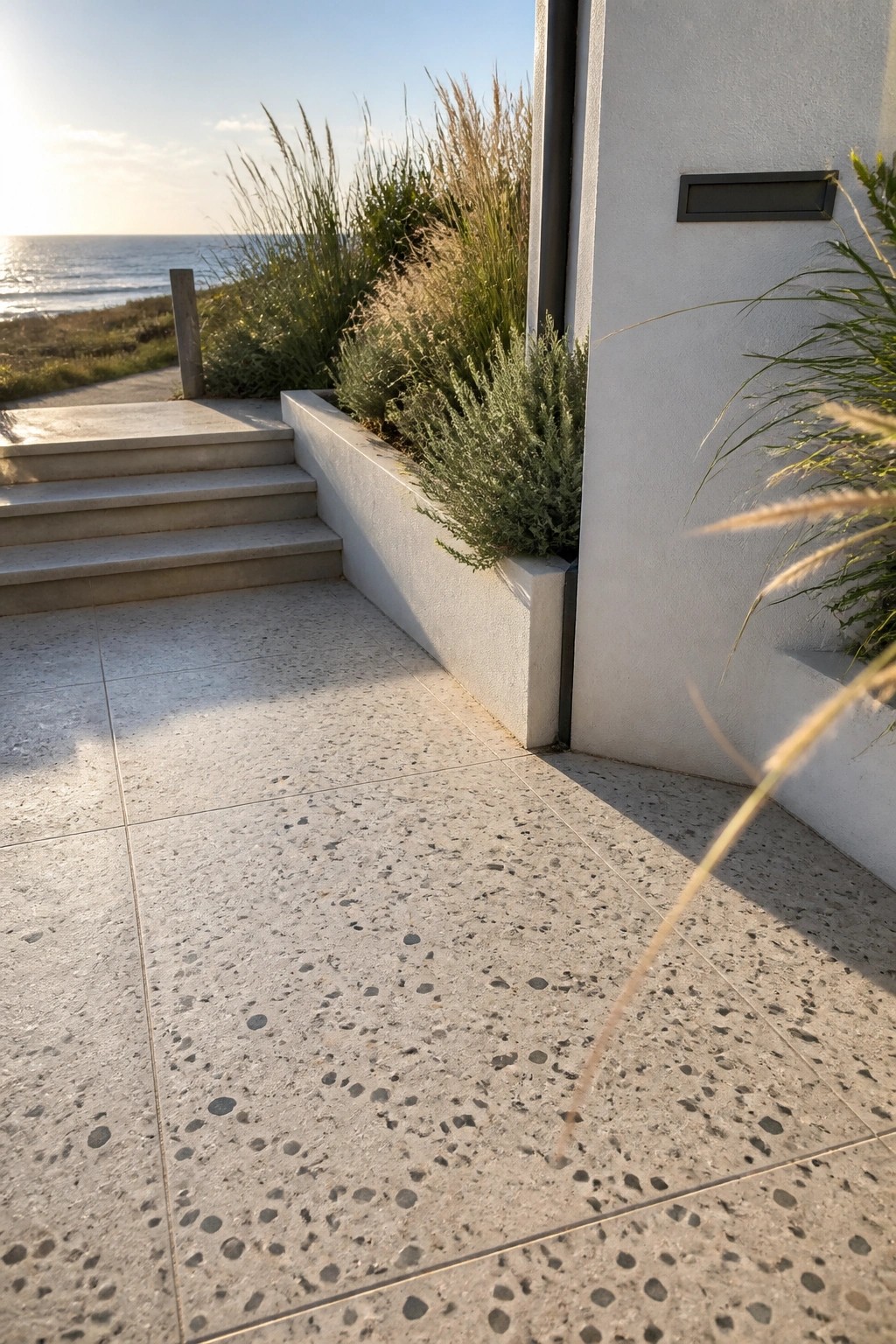Speckled concrete tiles cover an outdoor entry area beside white walls, with integrated planters, steps, and coastal vegetation in view.