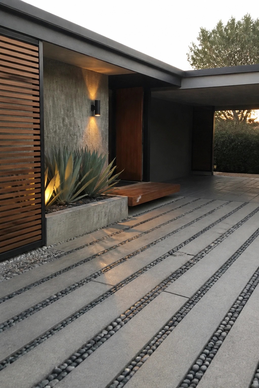 A modern home entrance features a walkway of large gray concrete slabs separated by lines of small pebbles, with a concrete planter holding agave plants beside a wooden bench and door.
