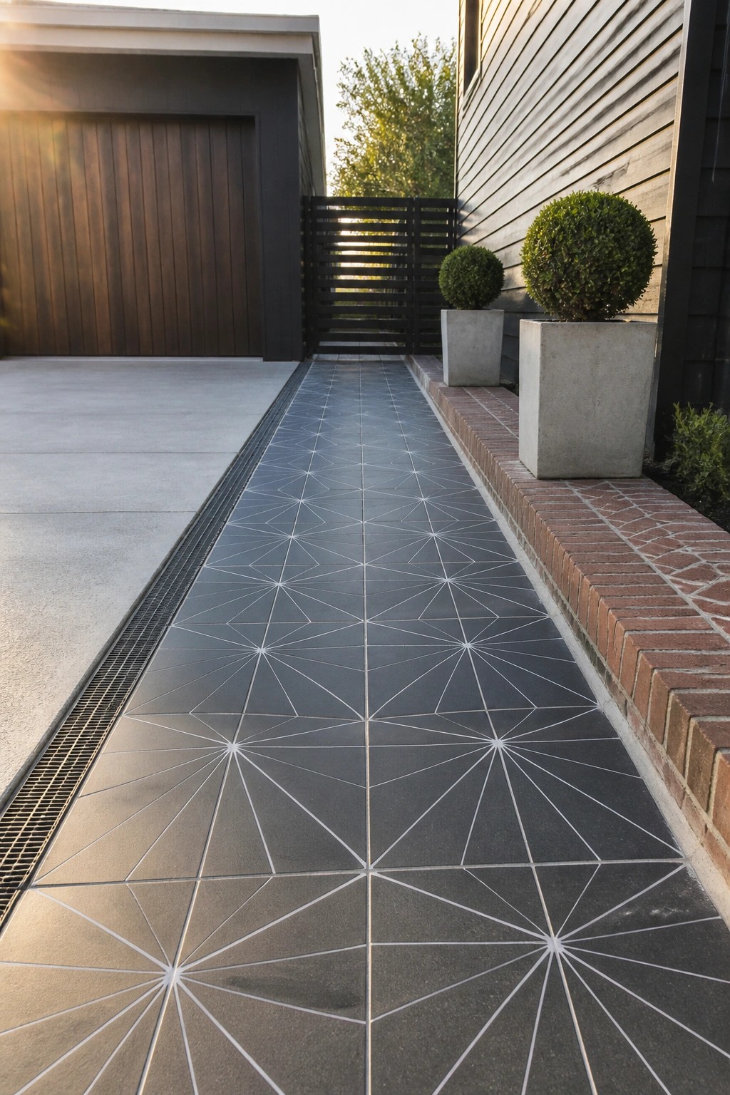A narrow walkway covered in dark gray tiles with white geometric starburst patterns runs beside a modern house with a wooden garage door and concrete planters holding round shrubs.