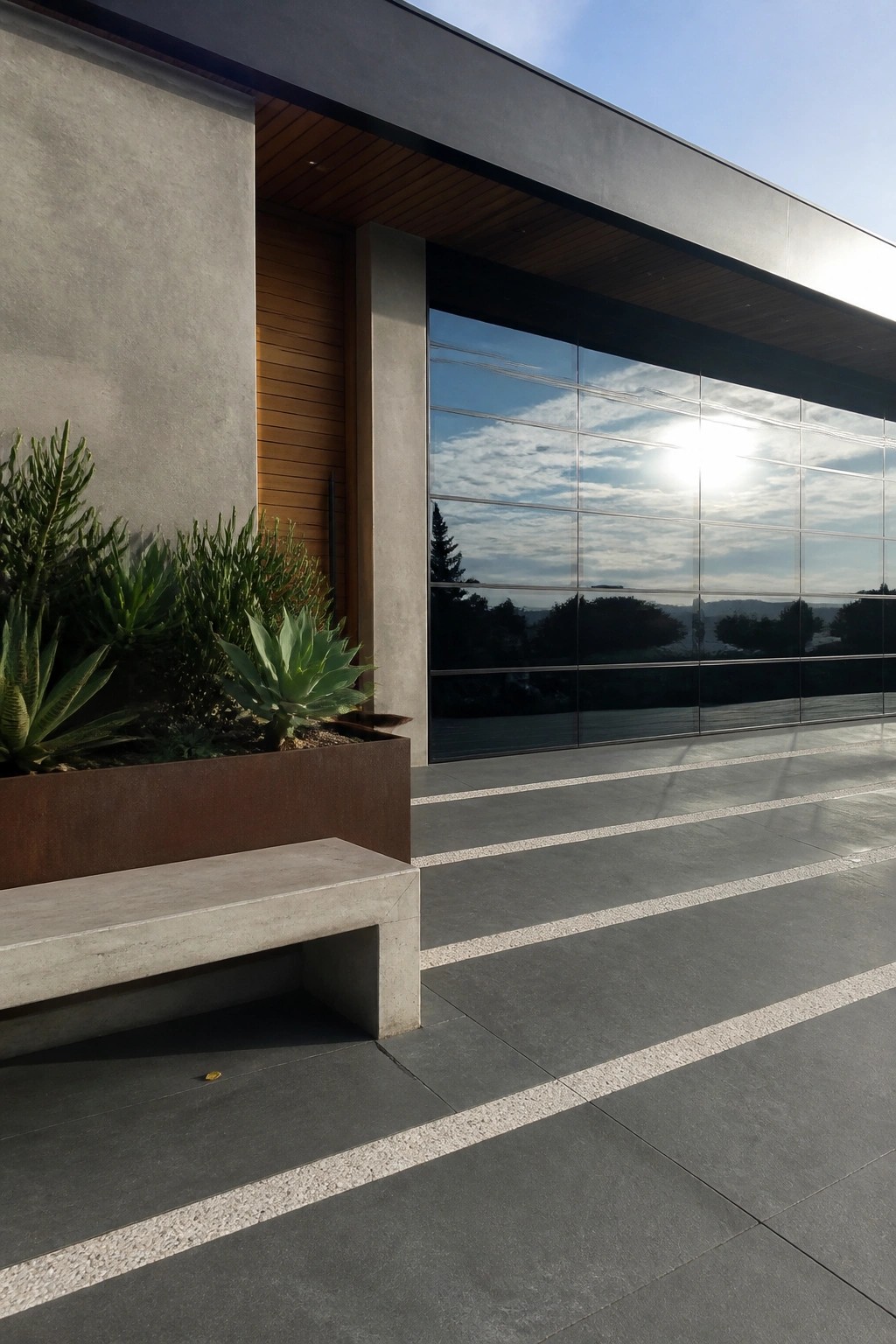 Modern concrete patio with bench, rusted planter of succulents, and large reflective glass windows.
