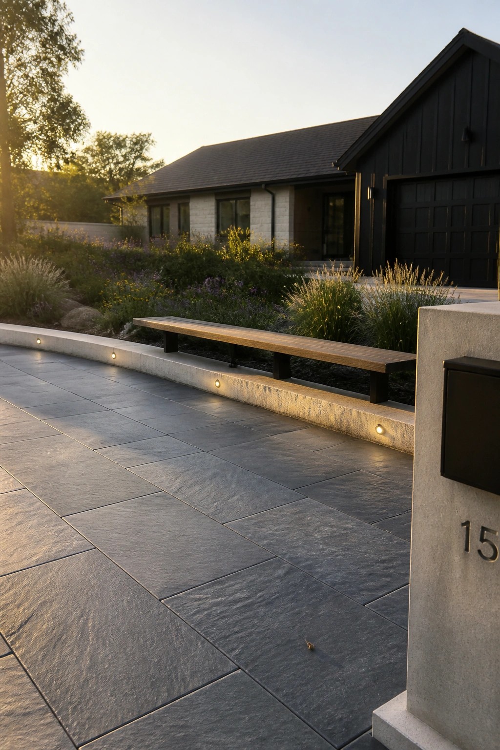 A modern house with a driveway paved in large dark gray tiles, a wooden bench along the garden edge, and low lights set into the concrete border.