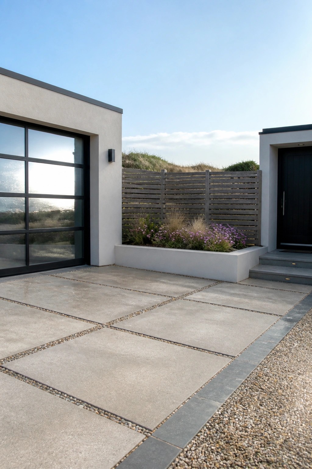 Modern patio with large concrete pavers, wooden fence, and flower-filled planter.