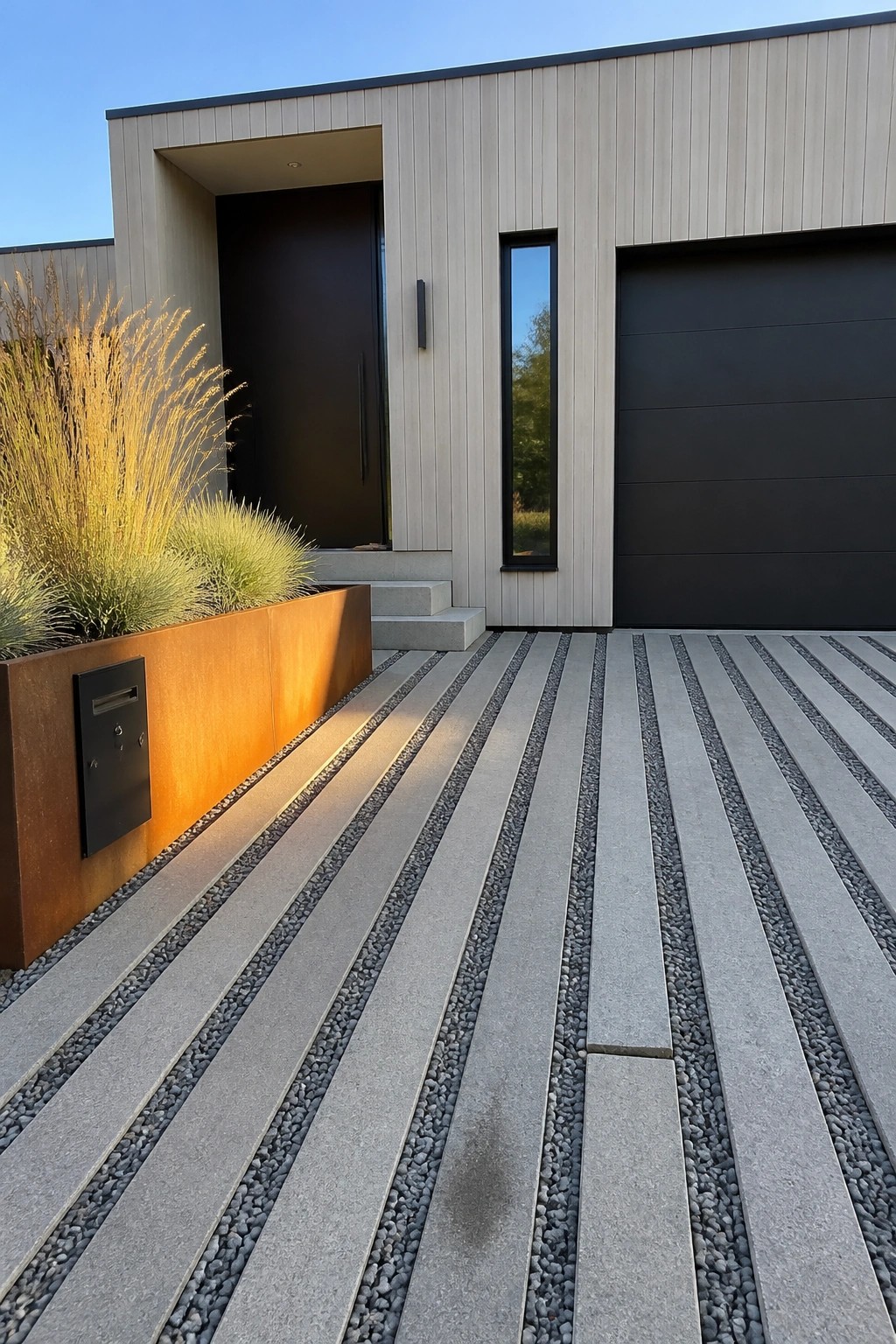 Modern house front with a driveway of parallel gray concrete pavers separated by gravel strips, leading to a dark entry door and matching garage.