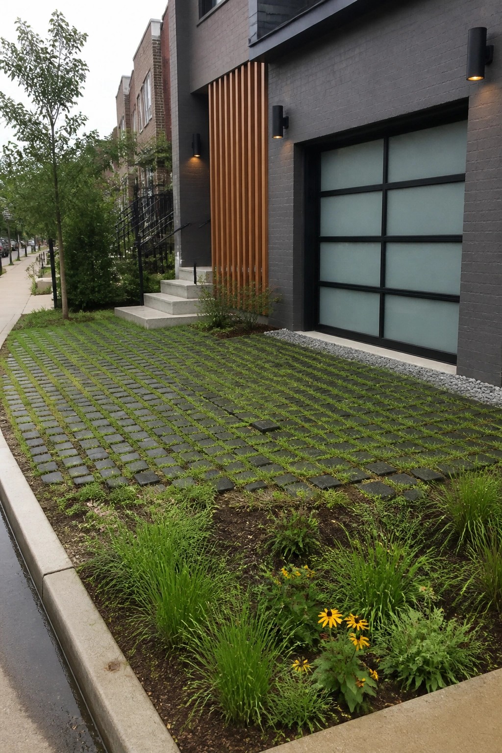 A modern gray brick house with a driveway of dark grid pavers filled with grass, next to a black-framed garage door and small garden bed with yellow flowers.