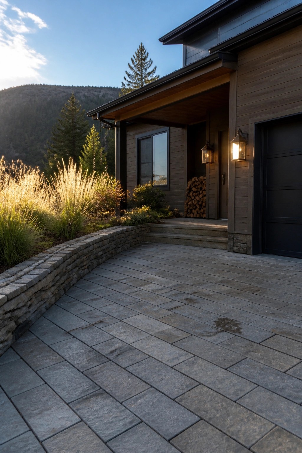 A modern wood-sided house with a wide stone paver driveway curving past a low retaining wall and landscaping toward the front porch and garage door.