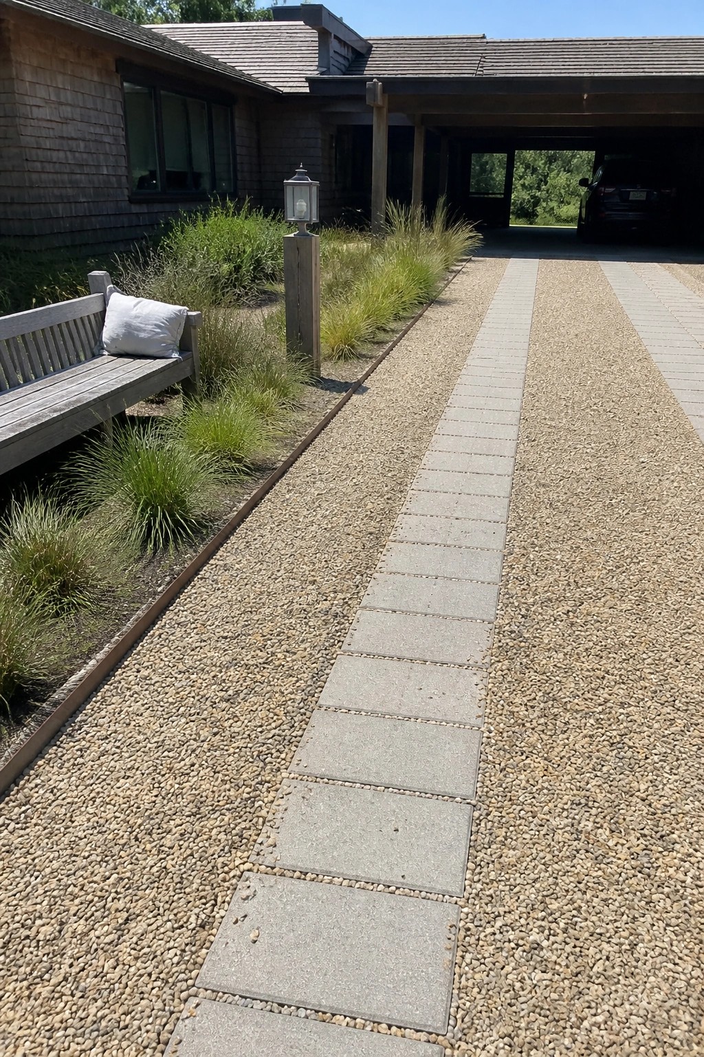 A gravel driveway with a central strip of rectangular gray pavers, edged by low grasses and a wooden bench near a shingled house with an open garage.