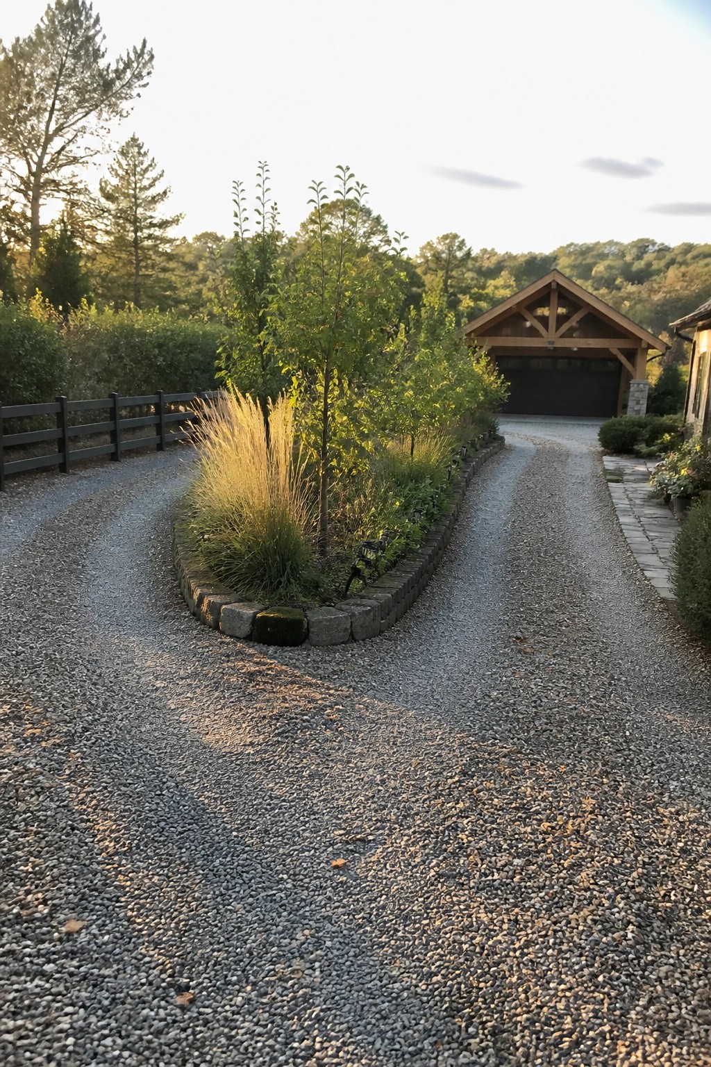 Gravel driveway curves around stone-edged garden with grasses toward wooden garage at sunset.