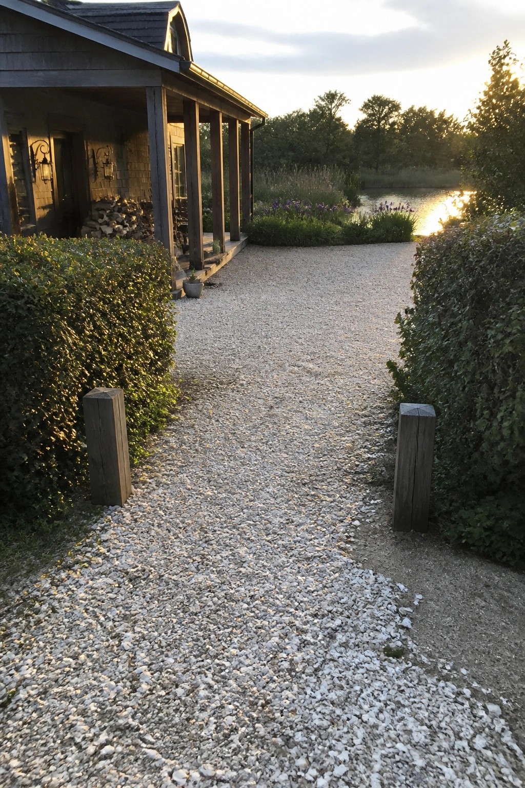 Gravel path between green hedges leading to wooden house by pond at sunset