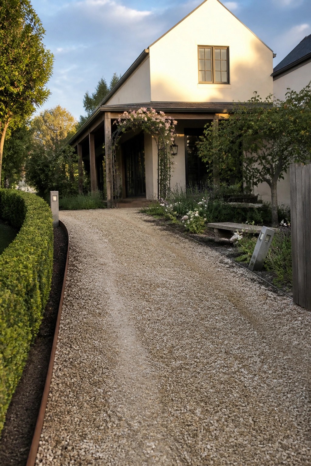 A gravel driveway bordered by a low hedge on one side and garden beds on the other leads toward a light-colored house with a covered porch.