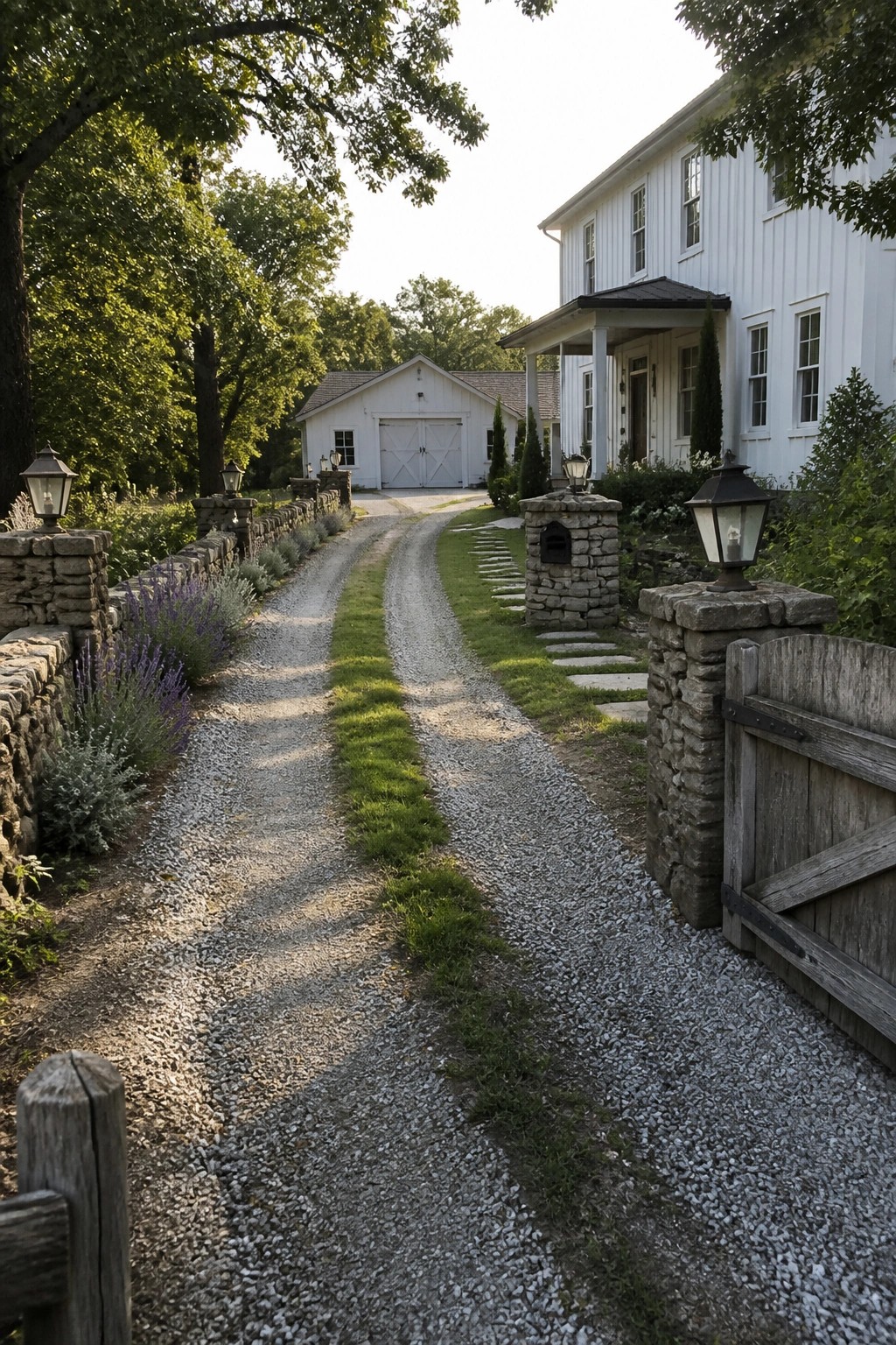 A gravel driveway with a central grass strip runs between low stone walls toward a white farmhouse and barn.