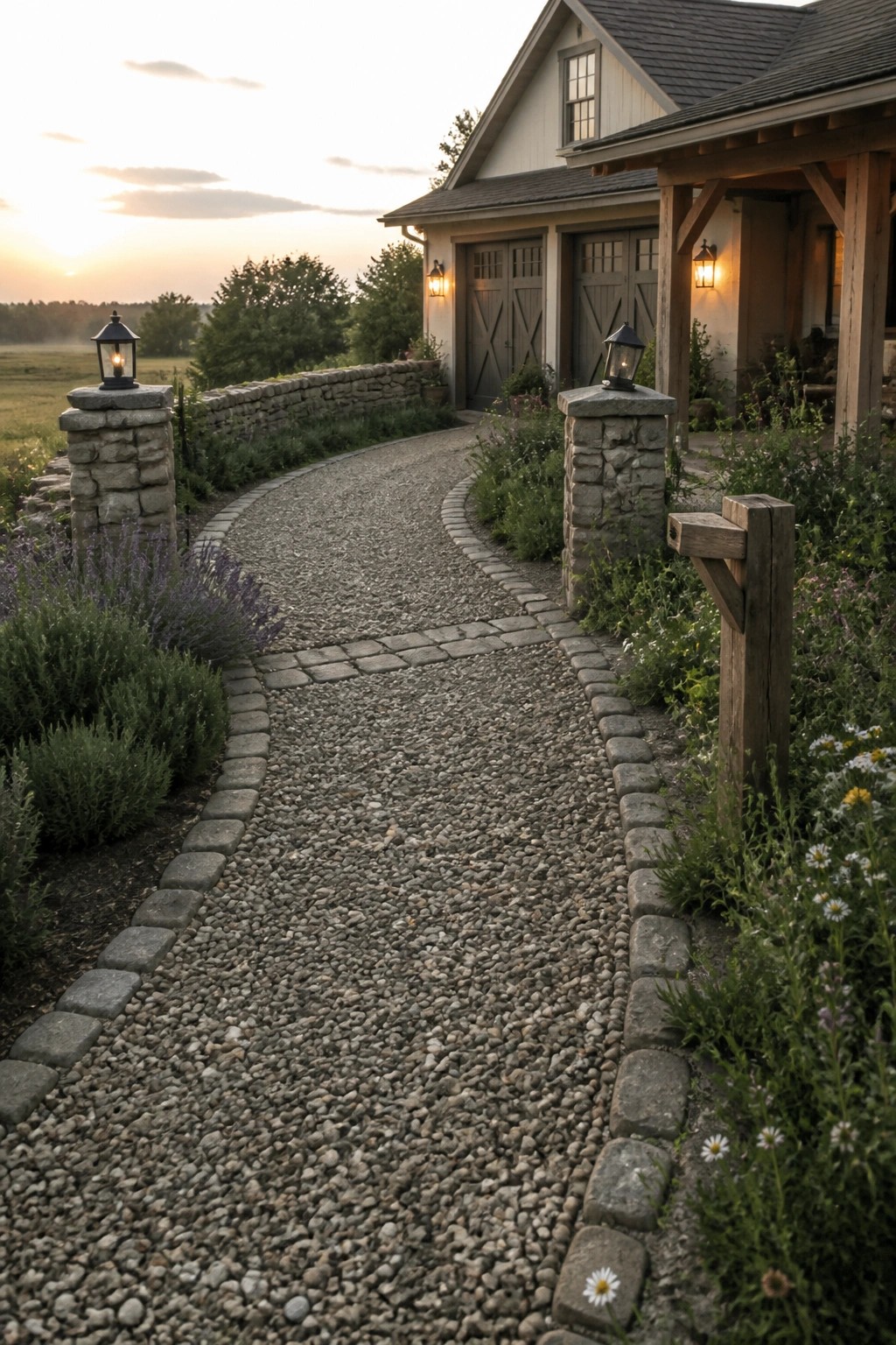 A gravel driveway curves toward a farmhouse, bordered by irregular stone pavers and flanked by stone pillars topped with lanterns.