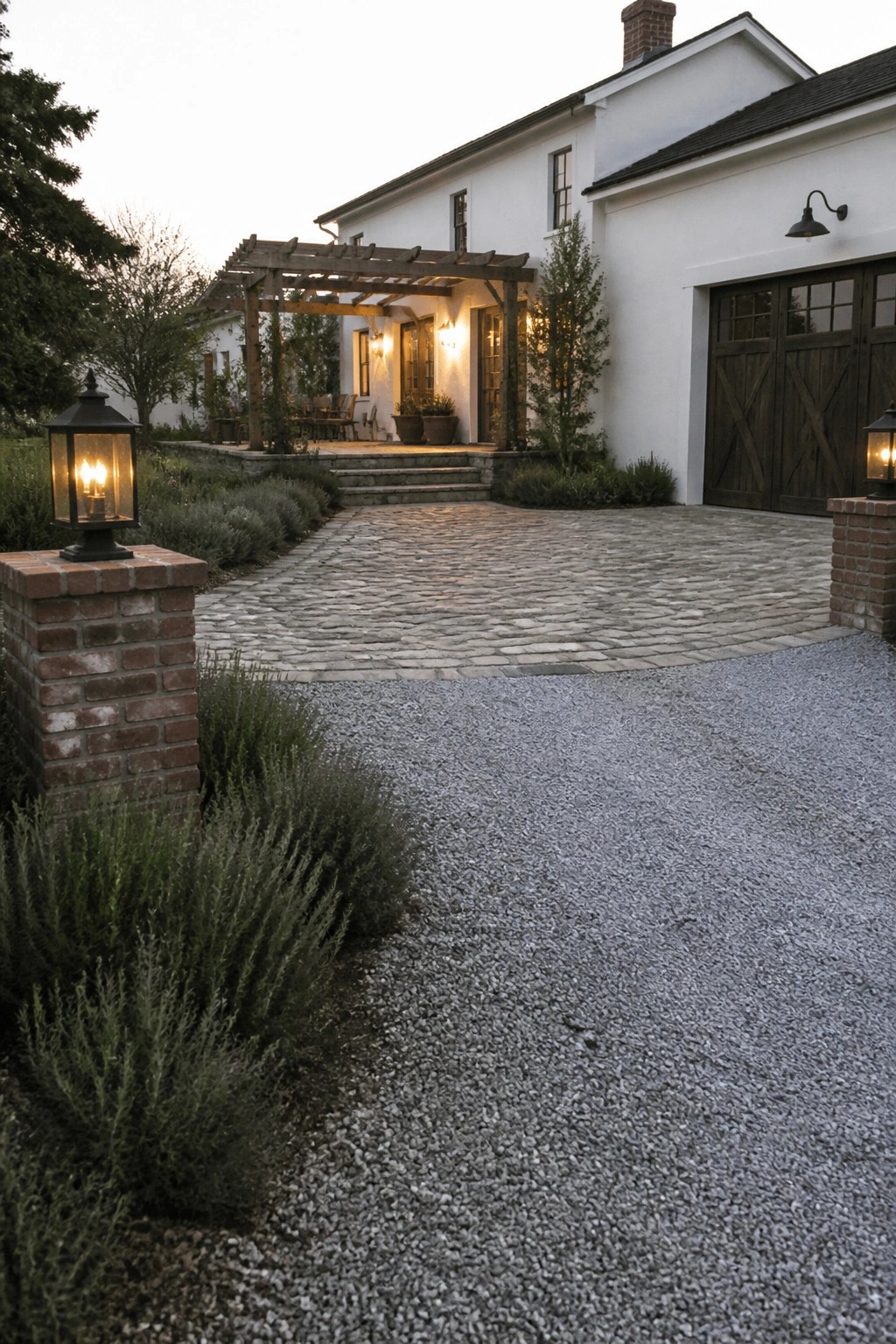 A white house with a cobblestone court in front of dark wood garage doors, a gravel driveway area bordered by brick pillars with lanterns, and shrubs along the edges.