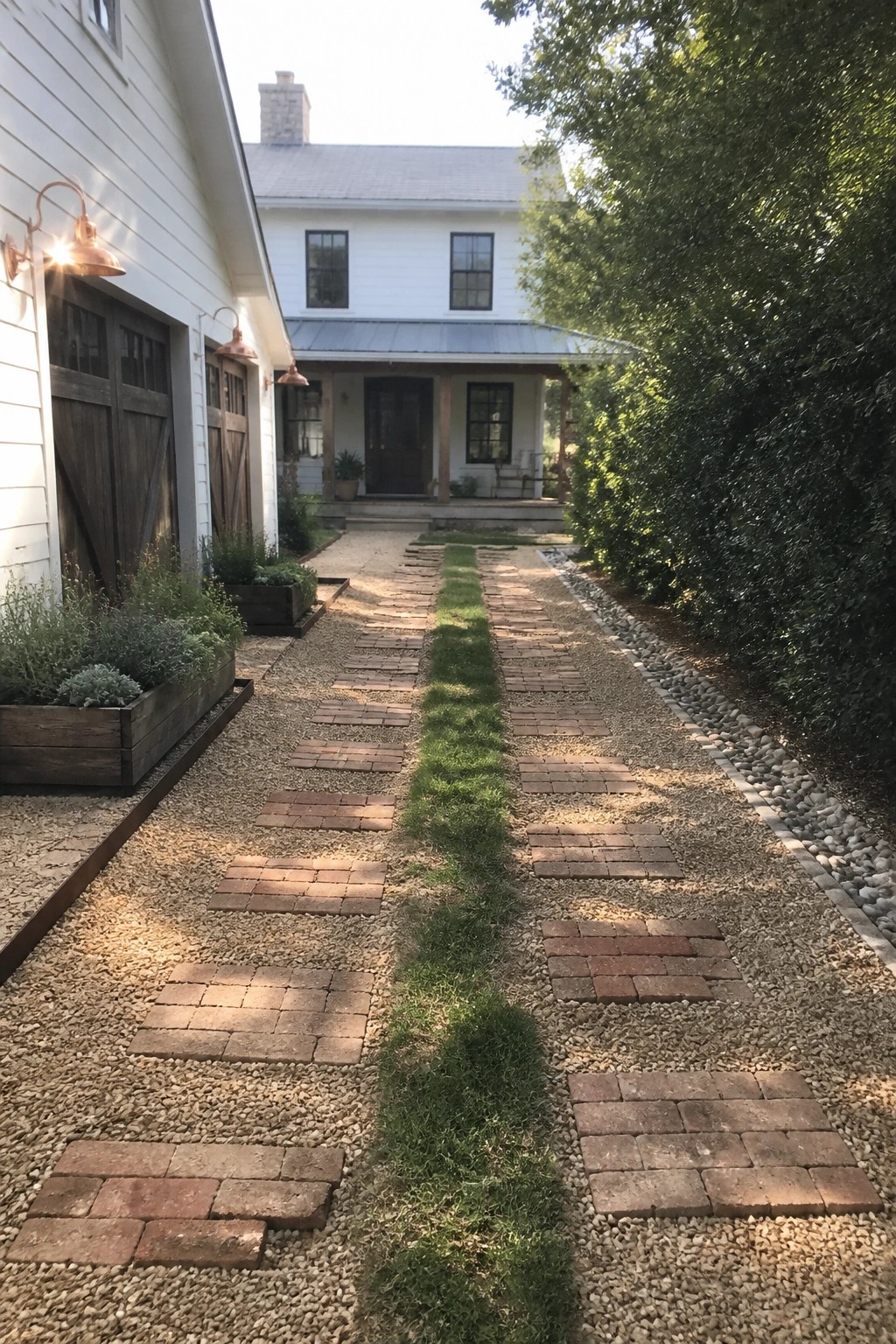A gravel path with rectangular brick paver sections and a central grass strip running between garden beds toward a white house.