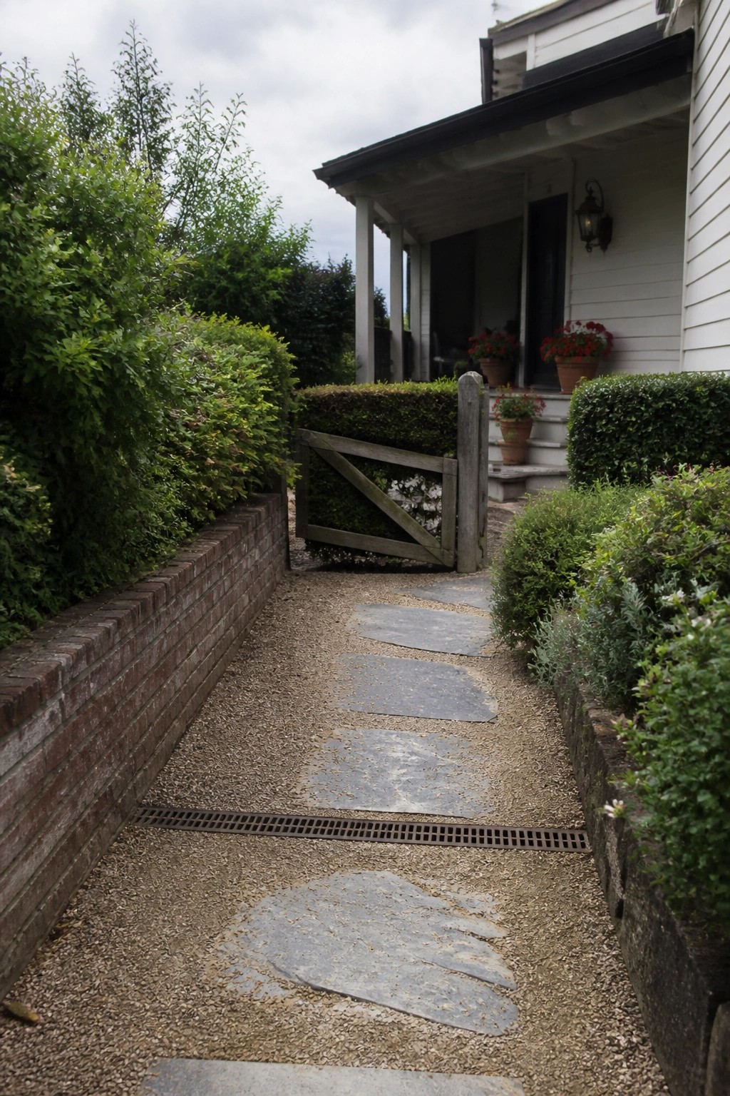Gravel path with stepping stones winds past brick wall and gate to house porch.