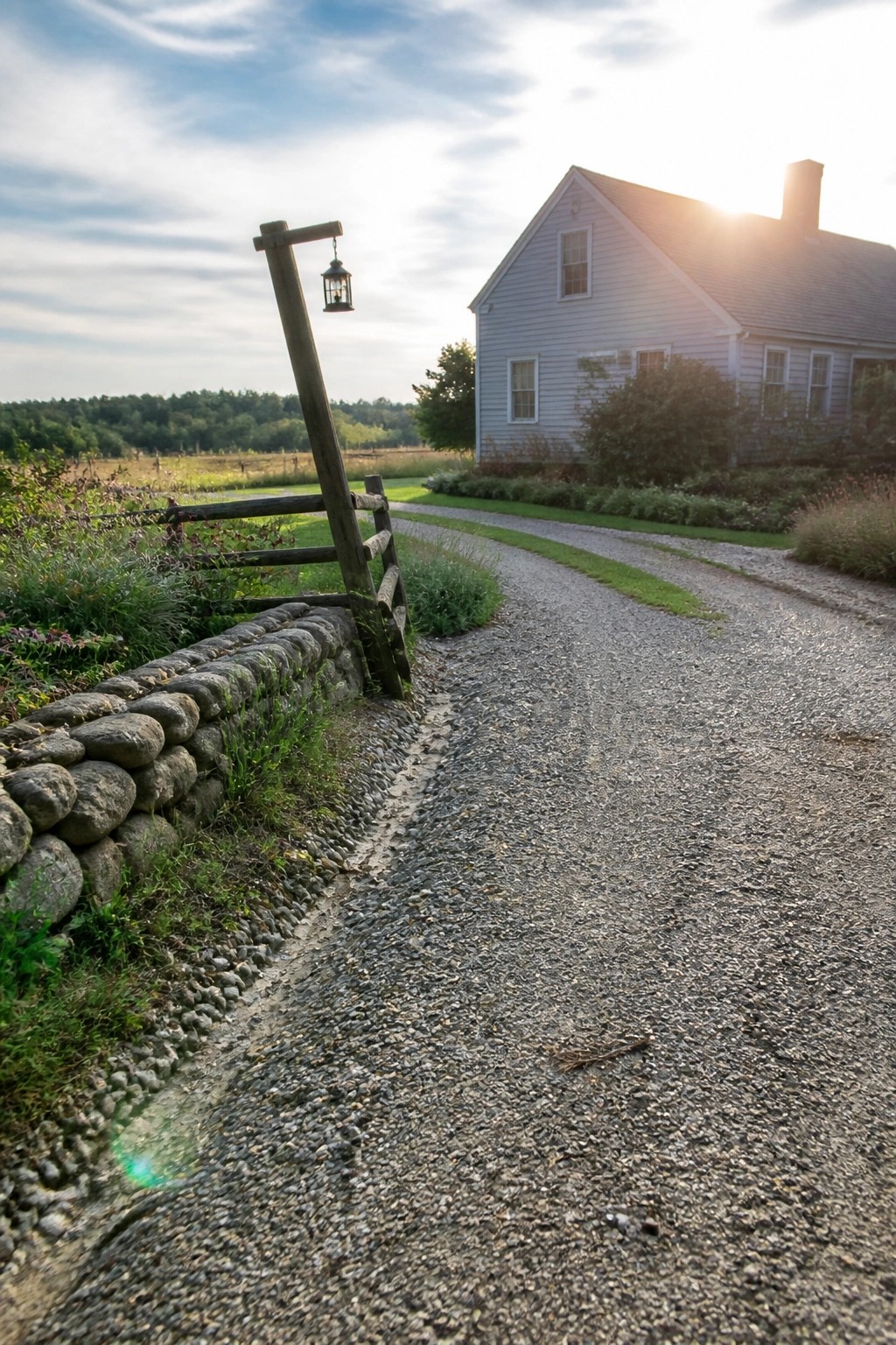A gravel driveway curves past a low stone wall and wooden fence with a hanging lantern toward a white farmhouse.