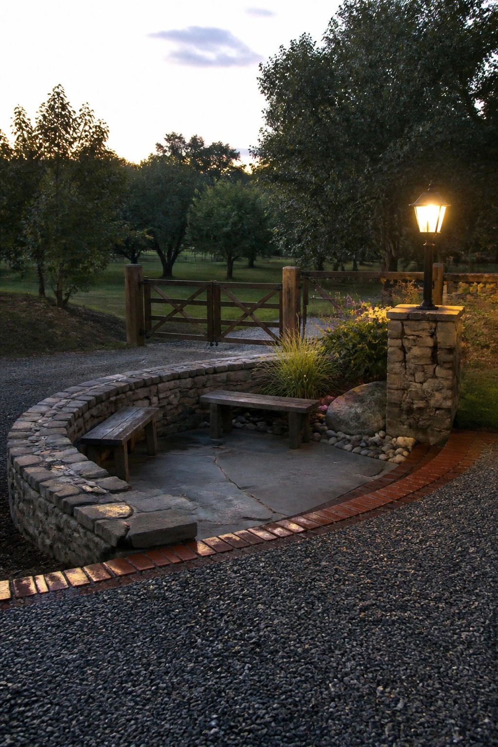A curved stone wall with two wooden benches borders a gravel driveway that leads to a wooden gate, with a lit lamp on a stone pillar to the right.