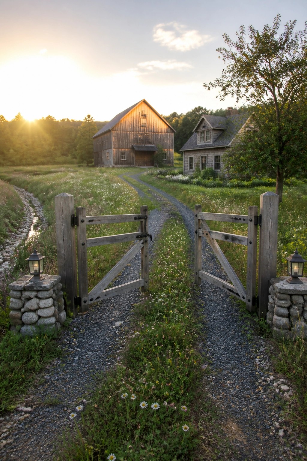 A gravel driveway runs through an open wooden gate with stone pillar bases toward a large barn and house at sunset.