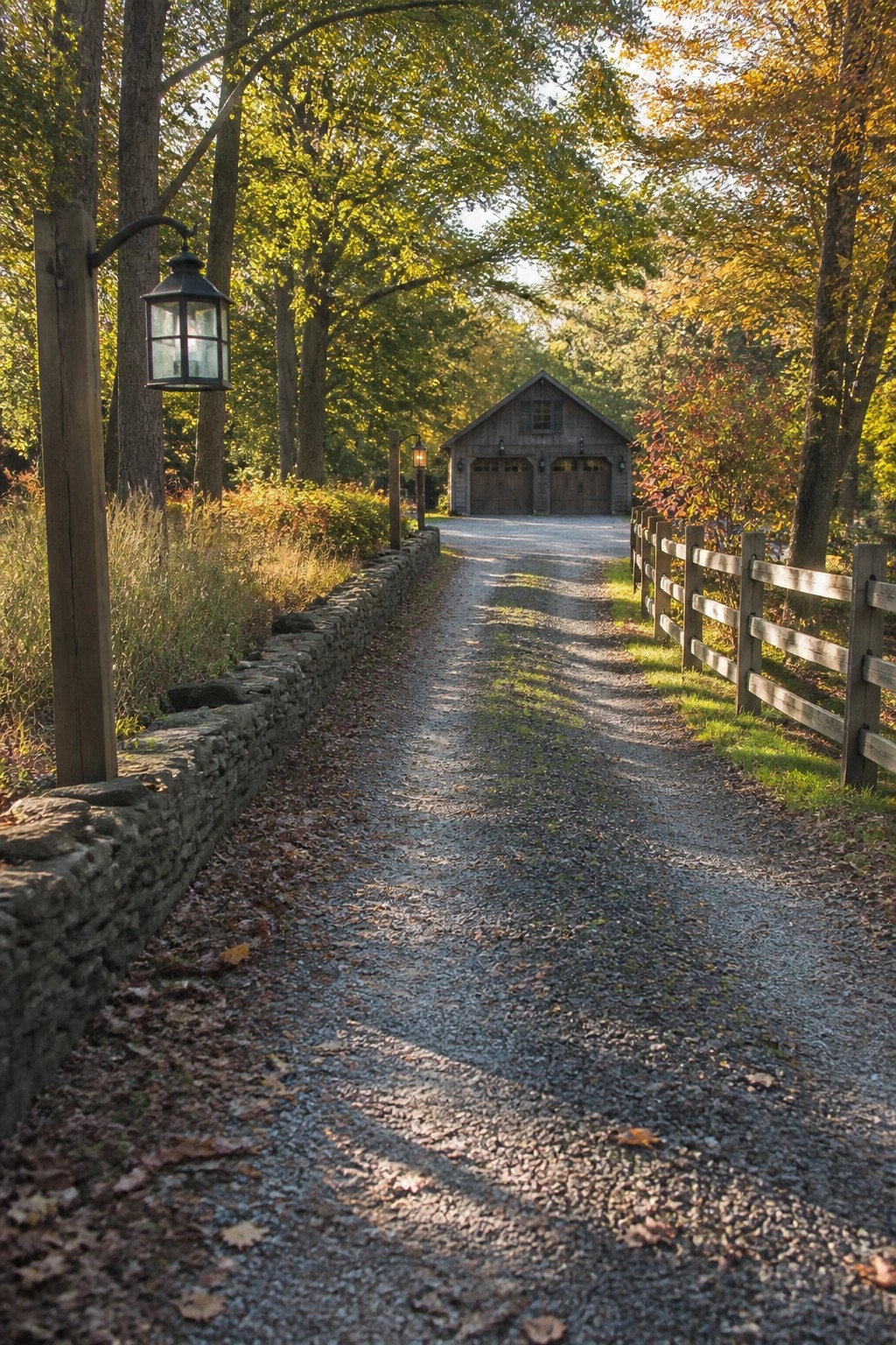 A gravel driveway bordered by a low stone wall on the left and a wooden fence on the right leads toward a wooden barn with two garage doors, surrounded by trees with autumn foliage.
