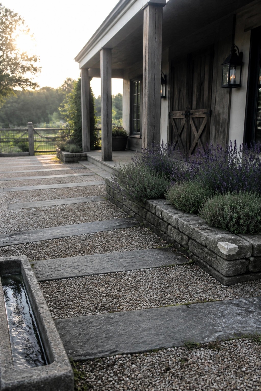 A gravel path with large stone pavers leads past a low stone wall planted with lavender toward a wooden farmhouse porch with columns and double doors.