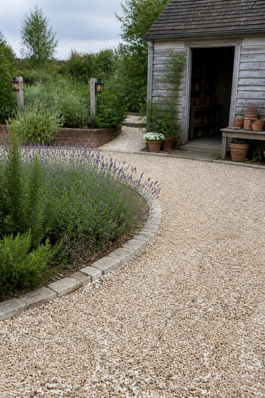 A curved gravel path bordered by low gray stone edging runs alongside a planted bed of lavender and shrubs next to a wooden shed with pottery on display.