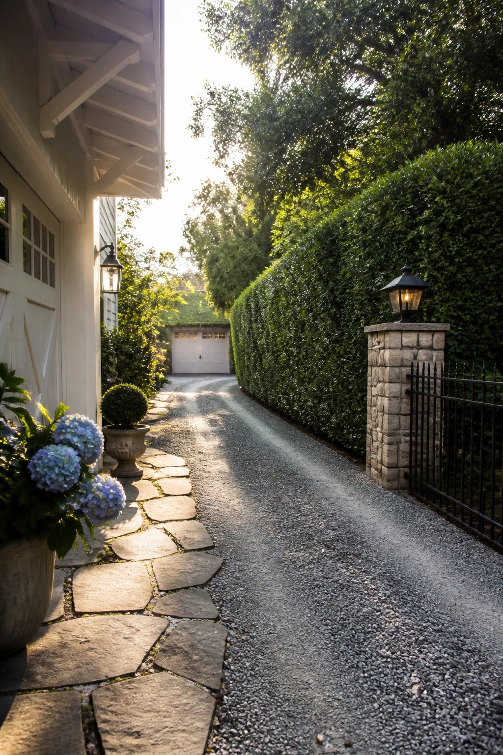A gravel driveway runs alongside a flagstone path with a tall hedge on one side and part of a white house visible on the other.