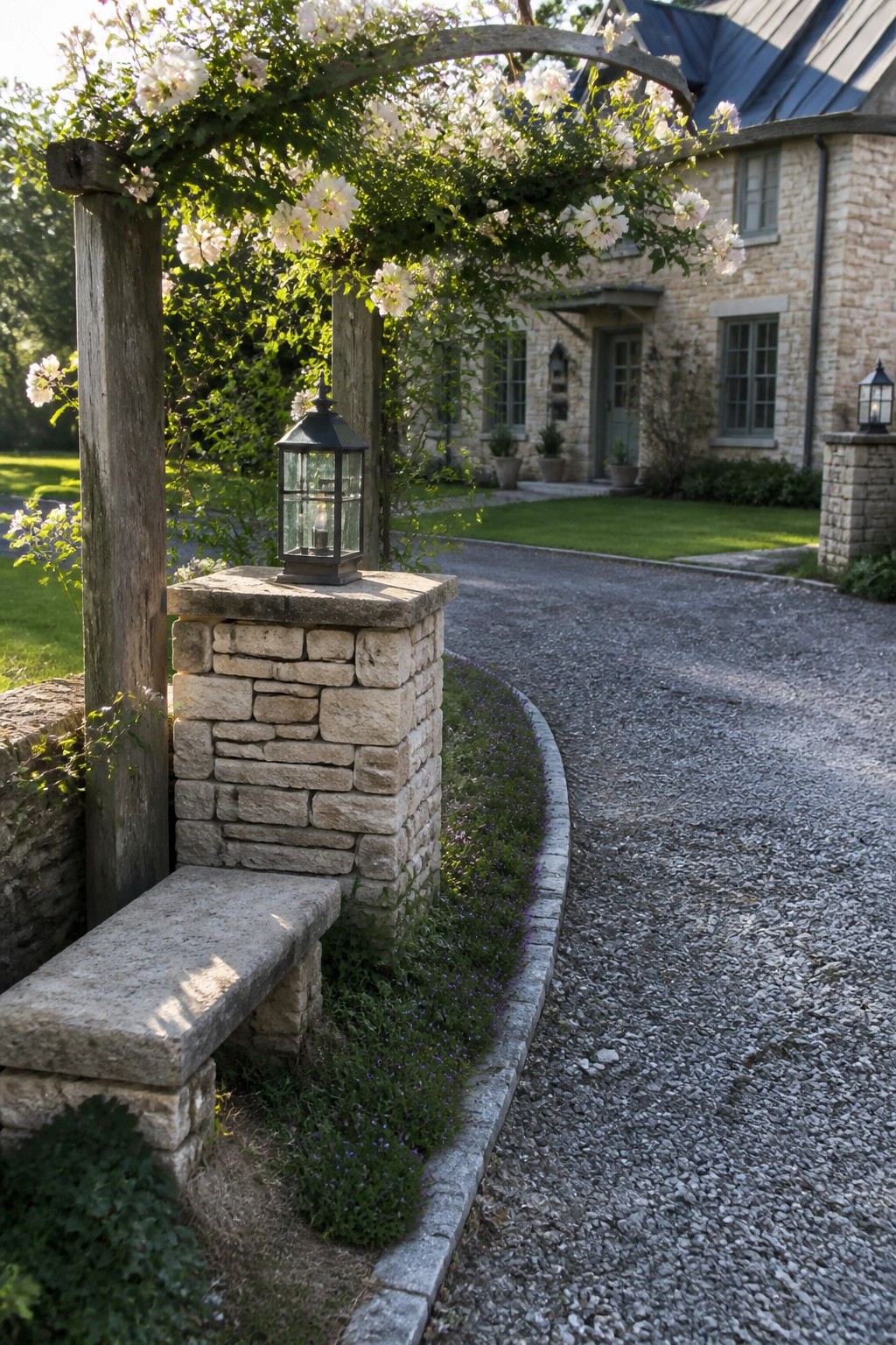 A gravel driveway curves past a low stone pillar topped with a black metal lantern, next to wooden posts covered in white climbing roses and part of a stone house in the background.